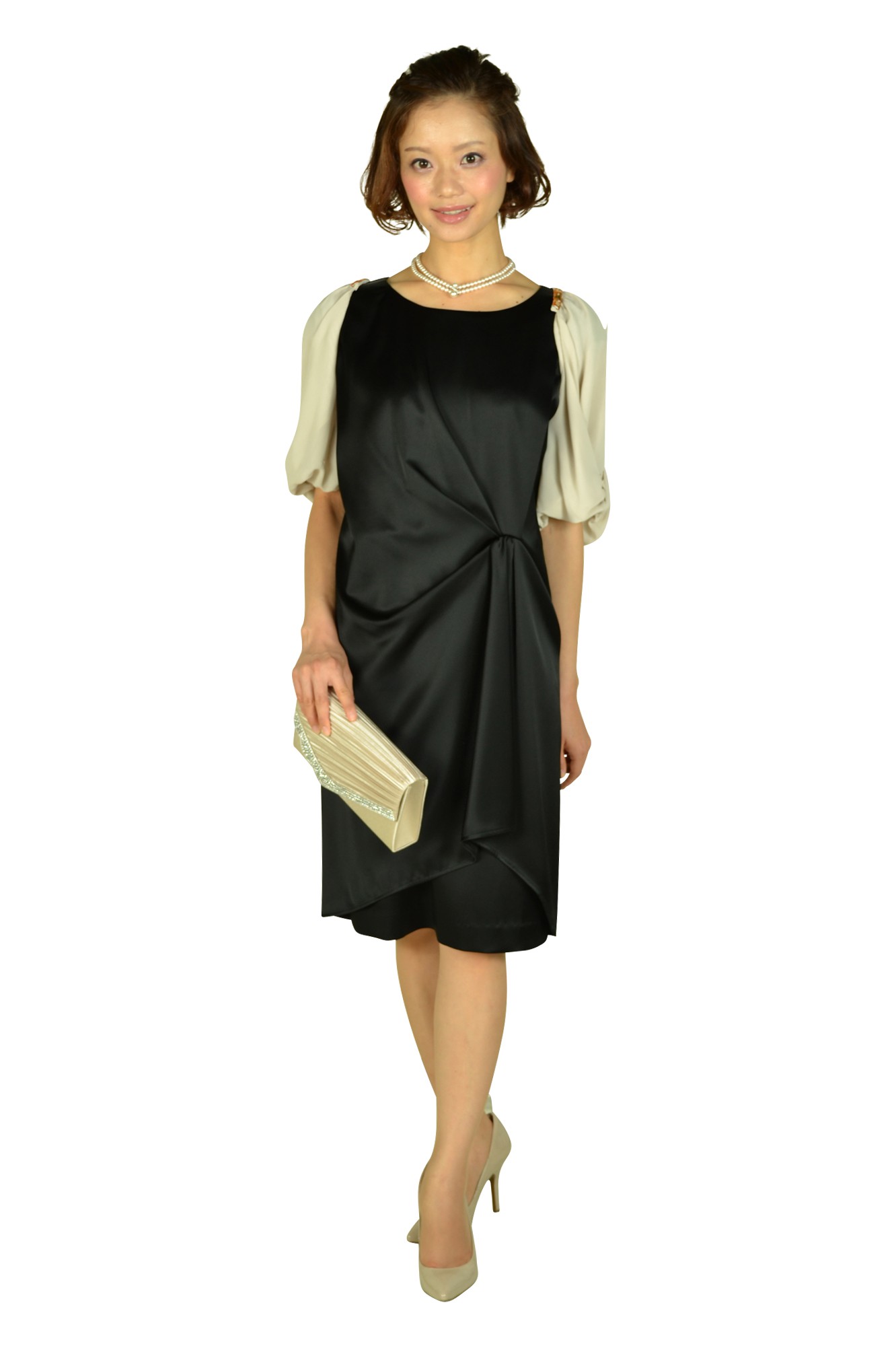 光沢ブラックミニ袖ドレスセット