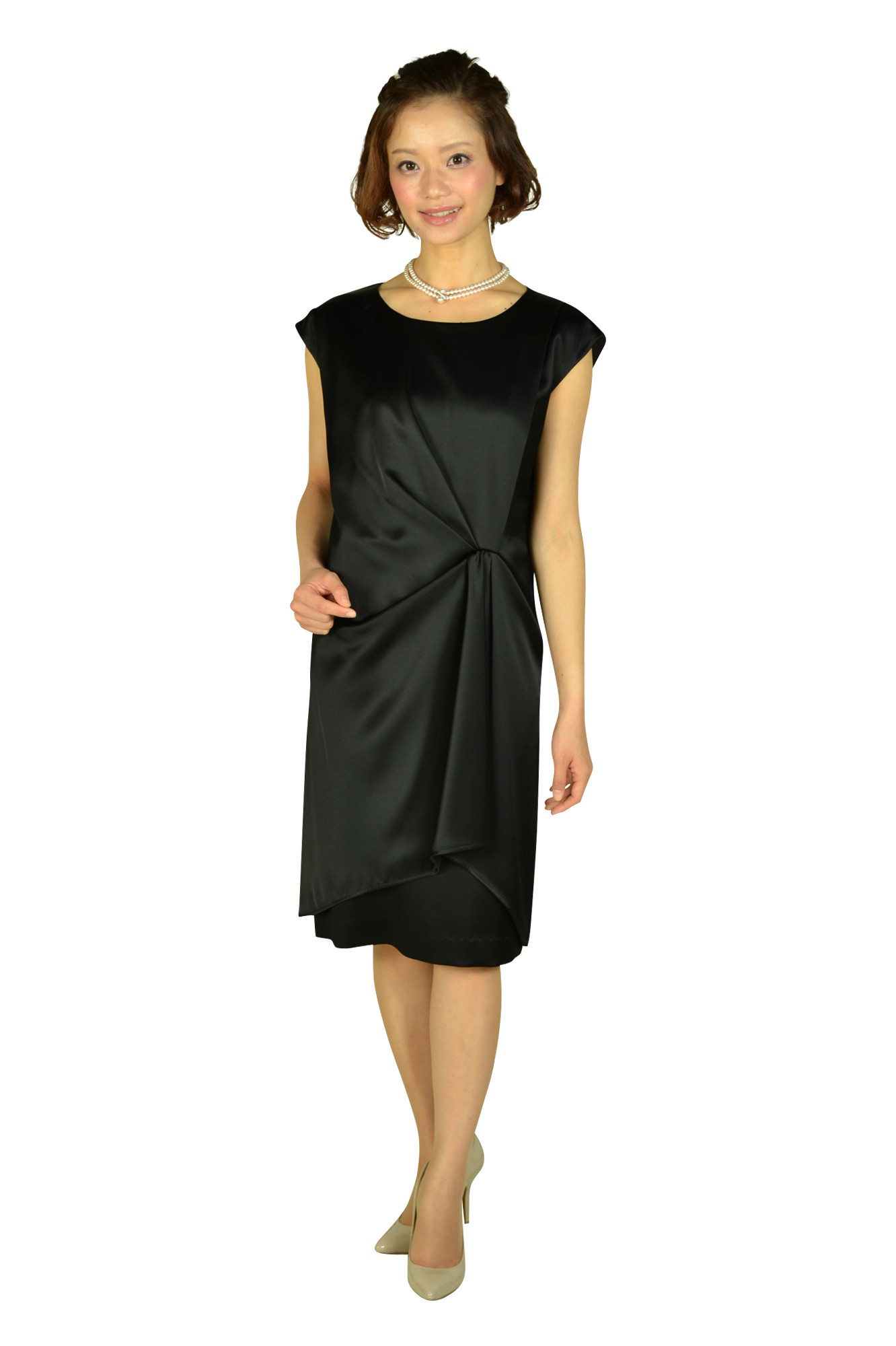 光沢ブラックミニ袖ドレスセット