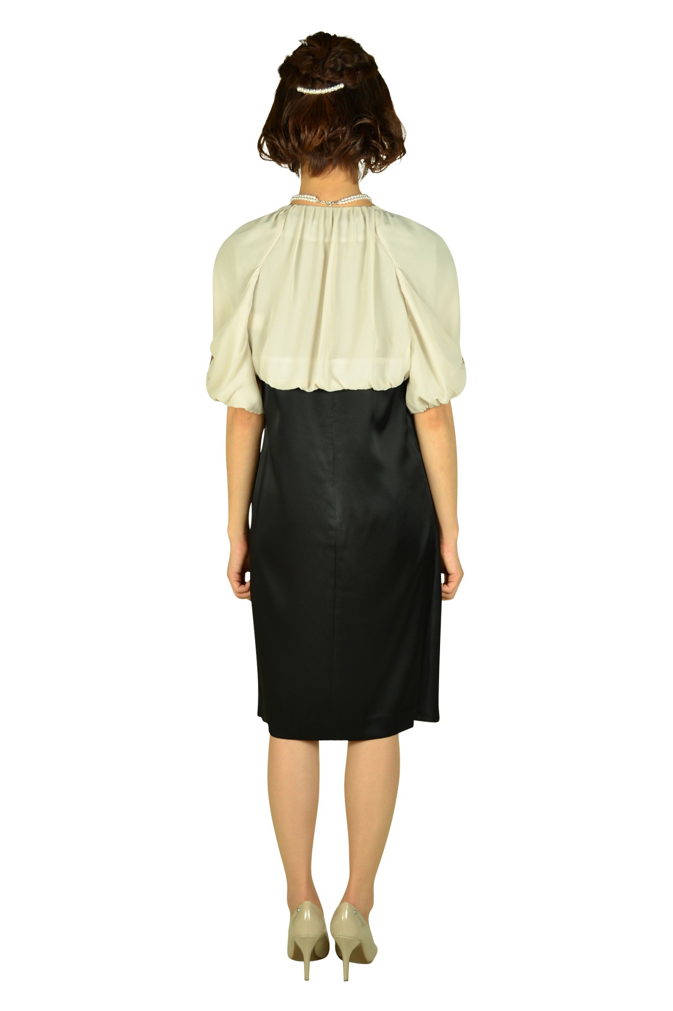 光沢ブラックミニ袖ドレスセット