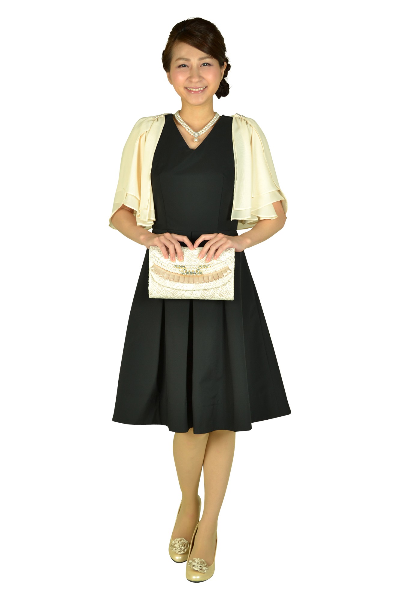 Vネックハリ感ブラックフレアドレスセット