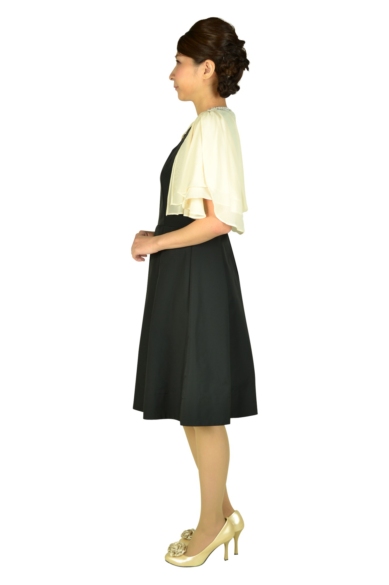 Vネックハリ感ブラックフレアドレスセット