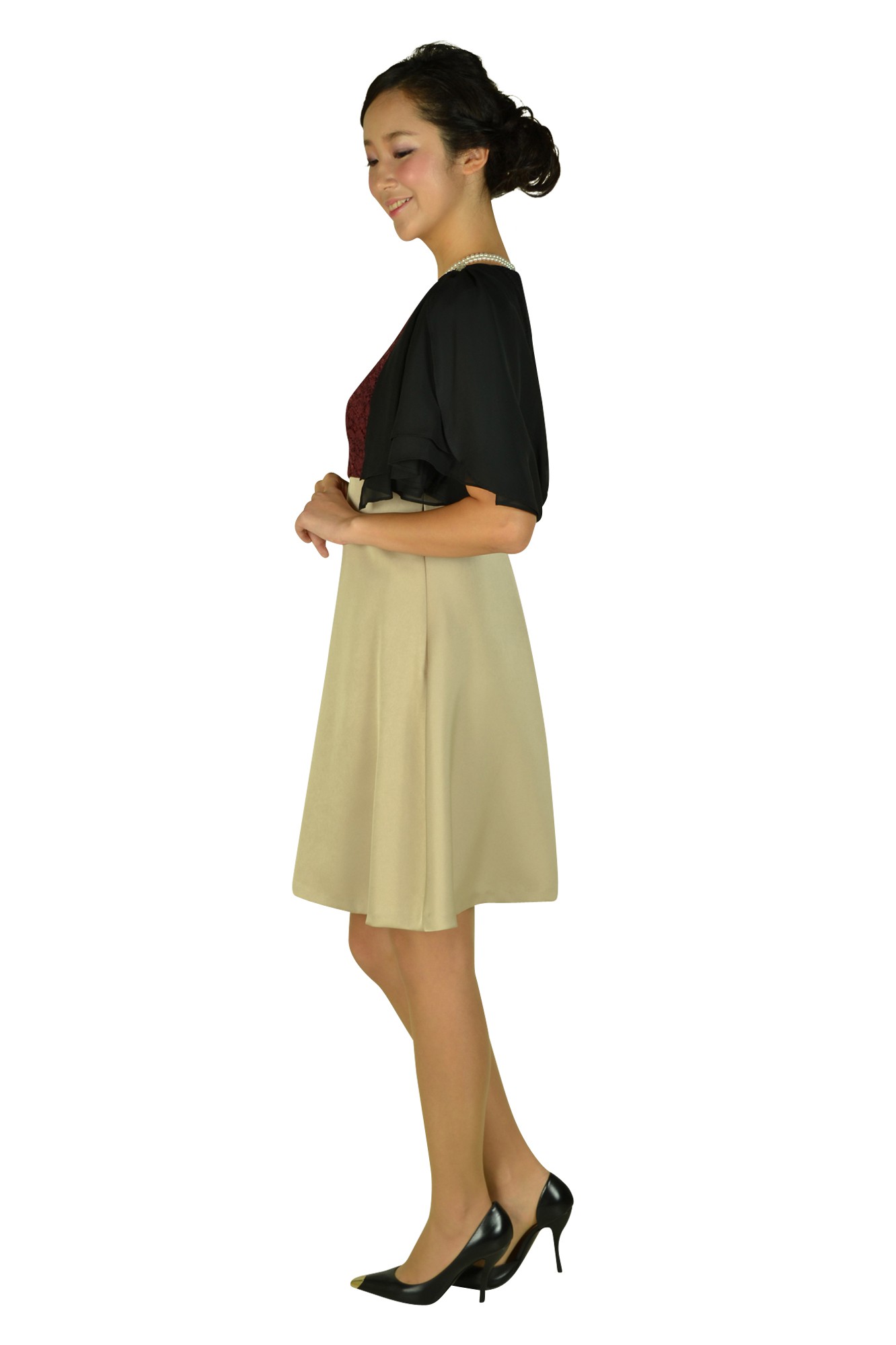 ボルドーレース×ベージュドレスセット