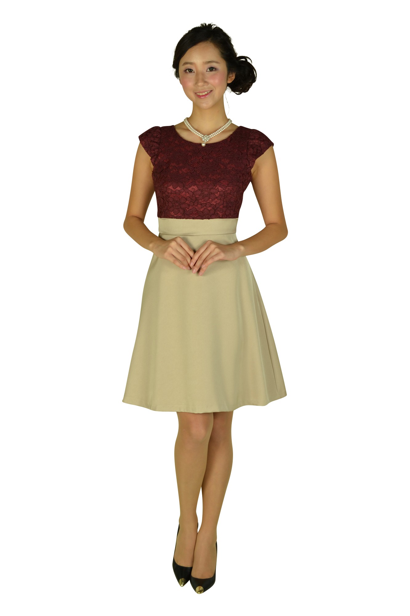 ボルドーレース×ベージュドレスセット