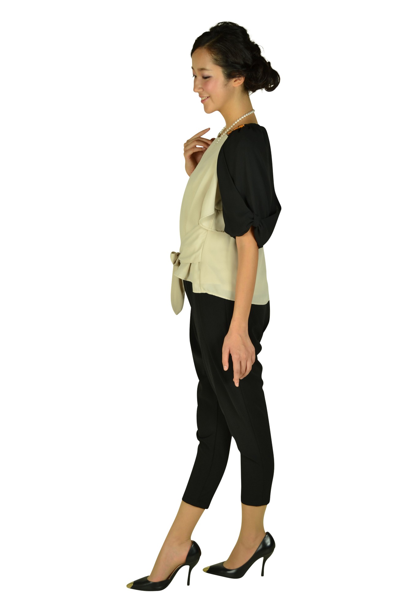 フレア袖バイカラーパンツドレスセット