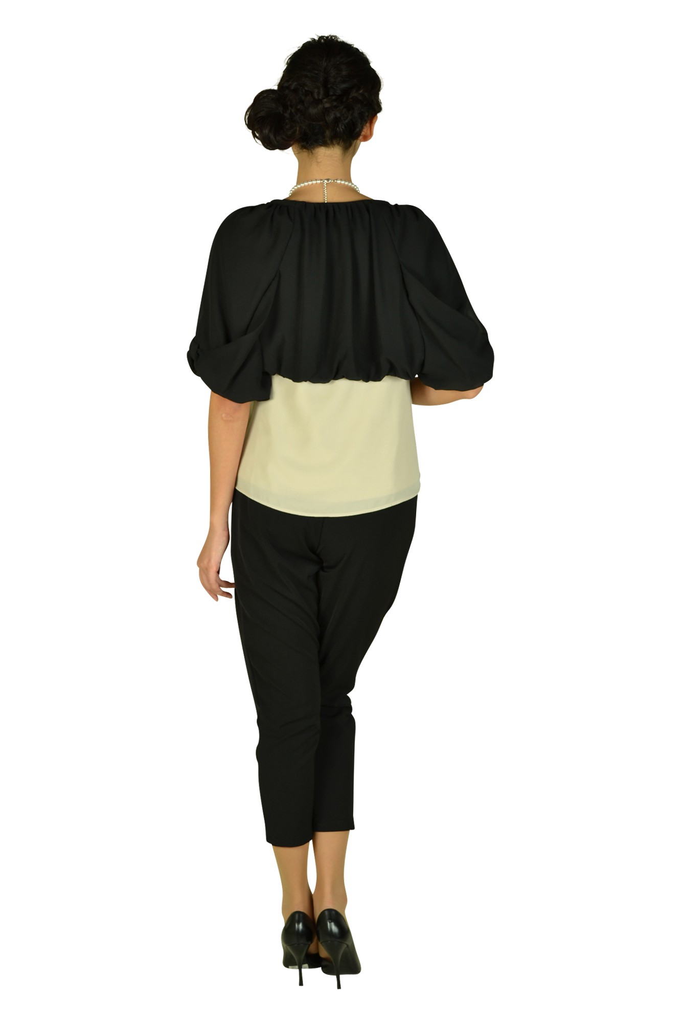 フレア袖バイカラーパンツドレスセット