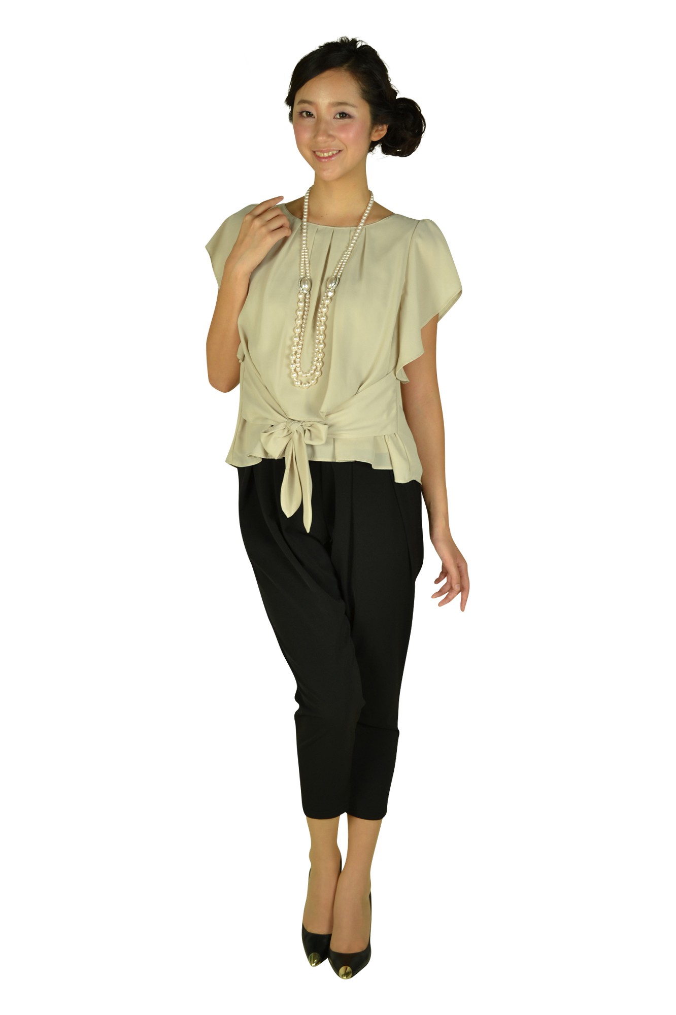 フレア袖バイカラーパンツドレスセット