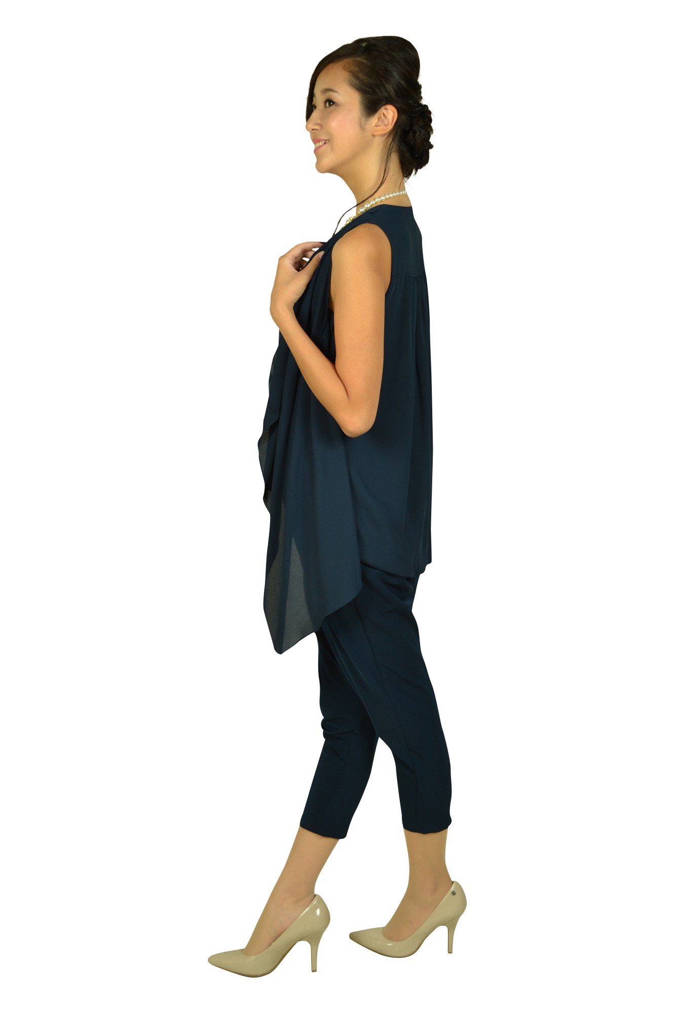 サイドフレアネイビーパンツドレス