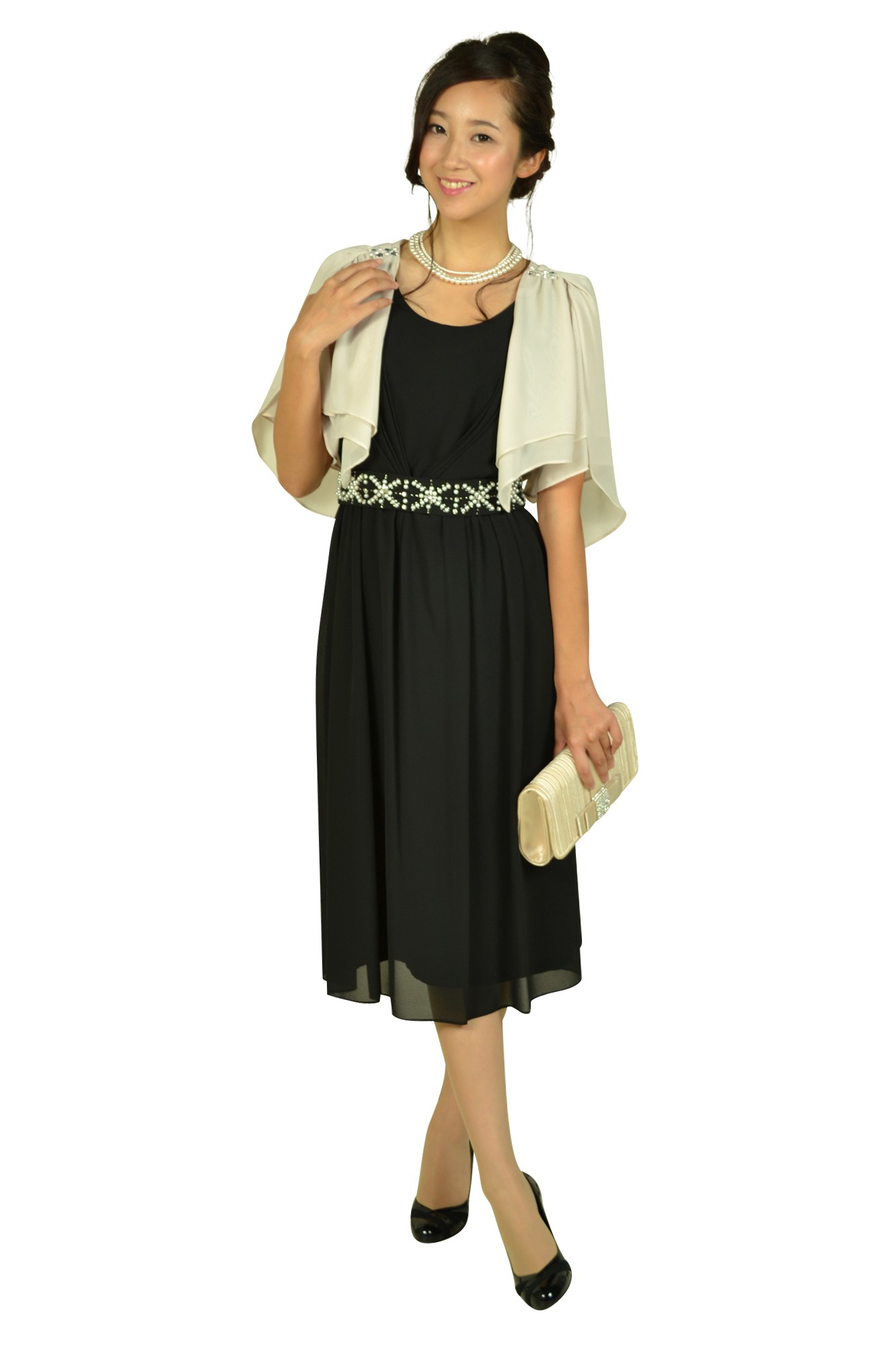 ベルト付ブラックミディドレス