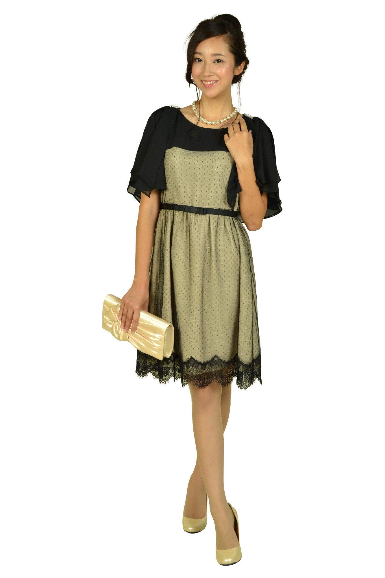 ドット柄風レースベージュ&times;ブラックドレスセット