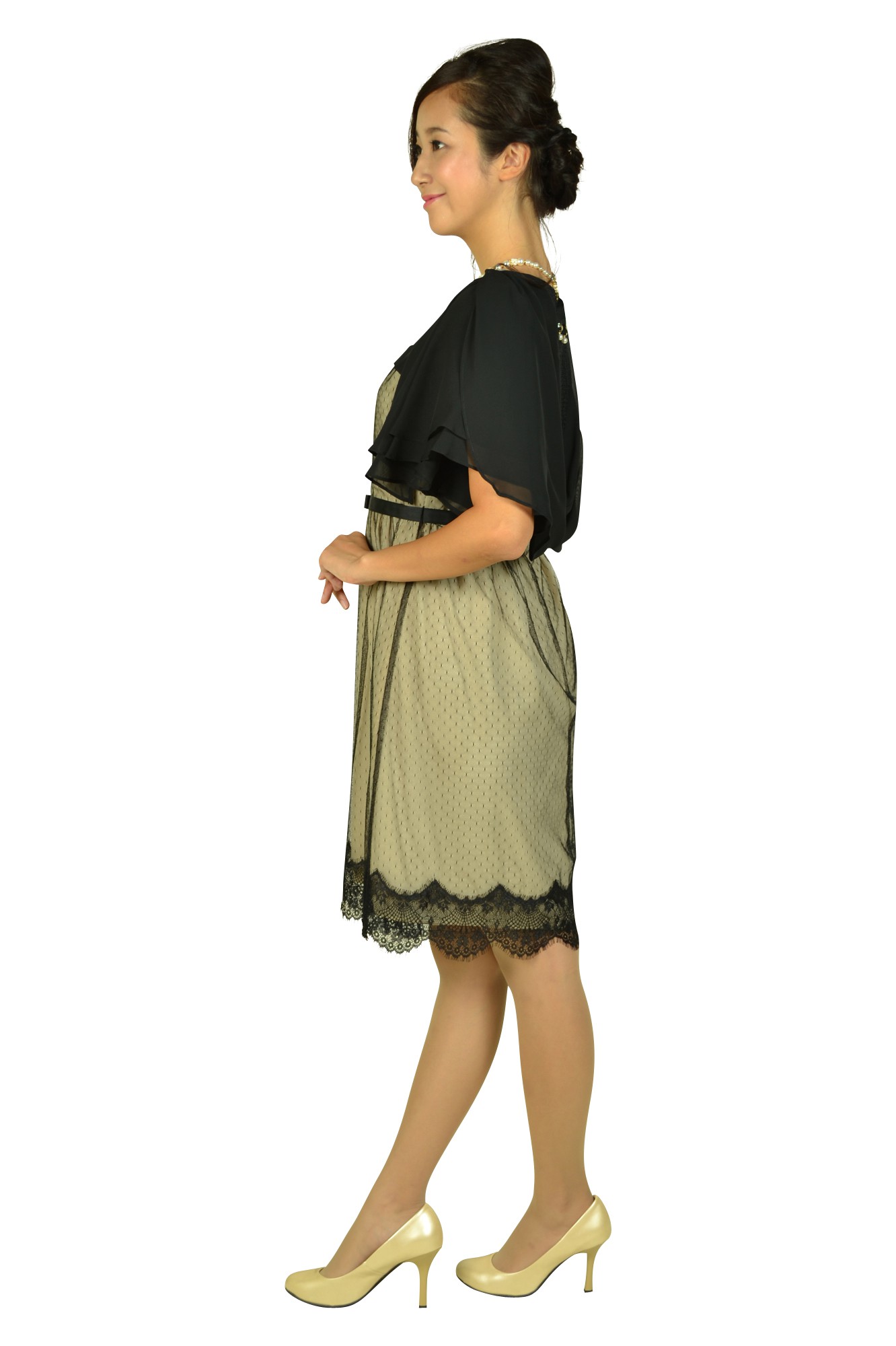 ドット柄風レースベージュ&times;ブラックドレスセット