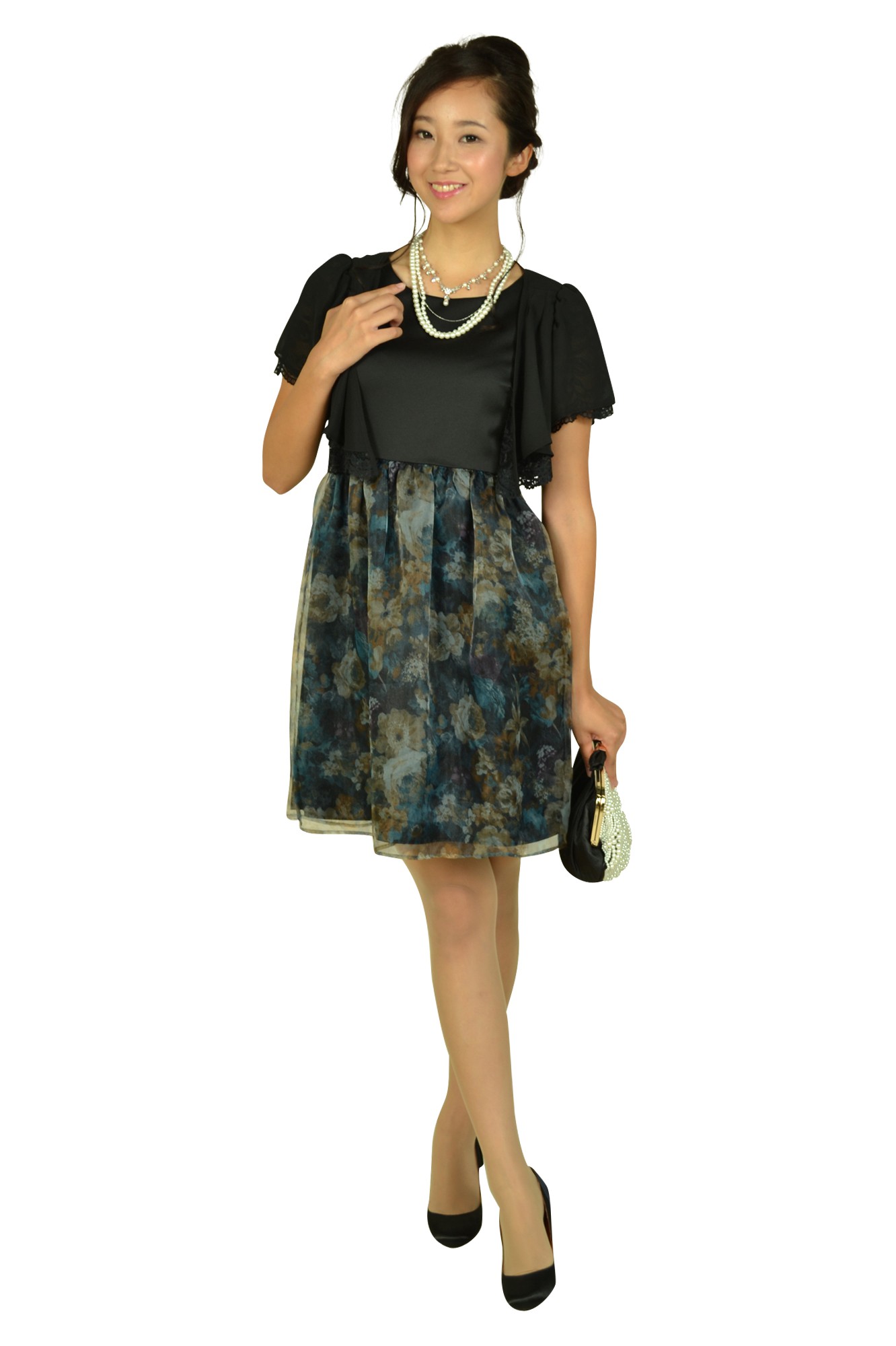 フラワープリントブラックドレスセット