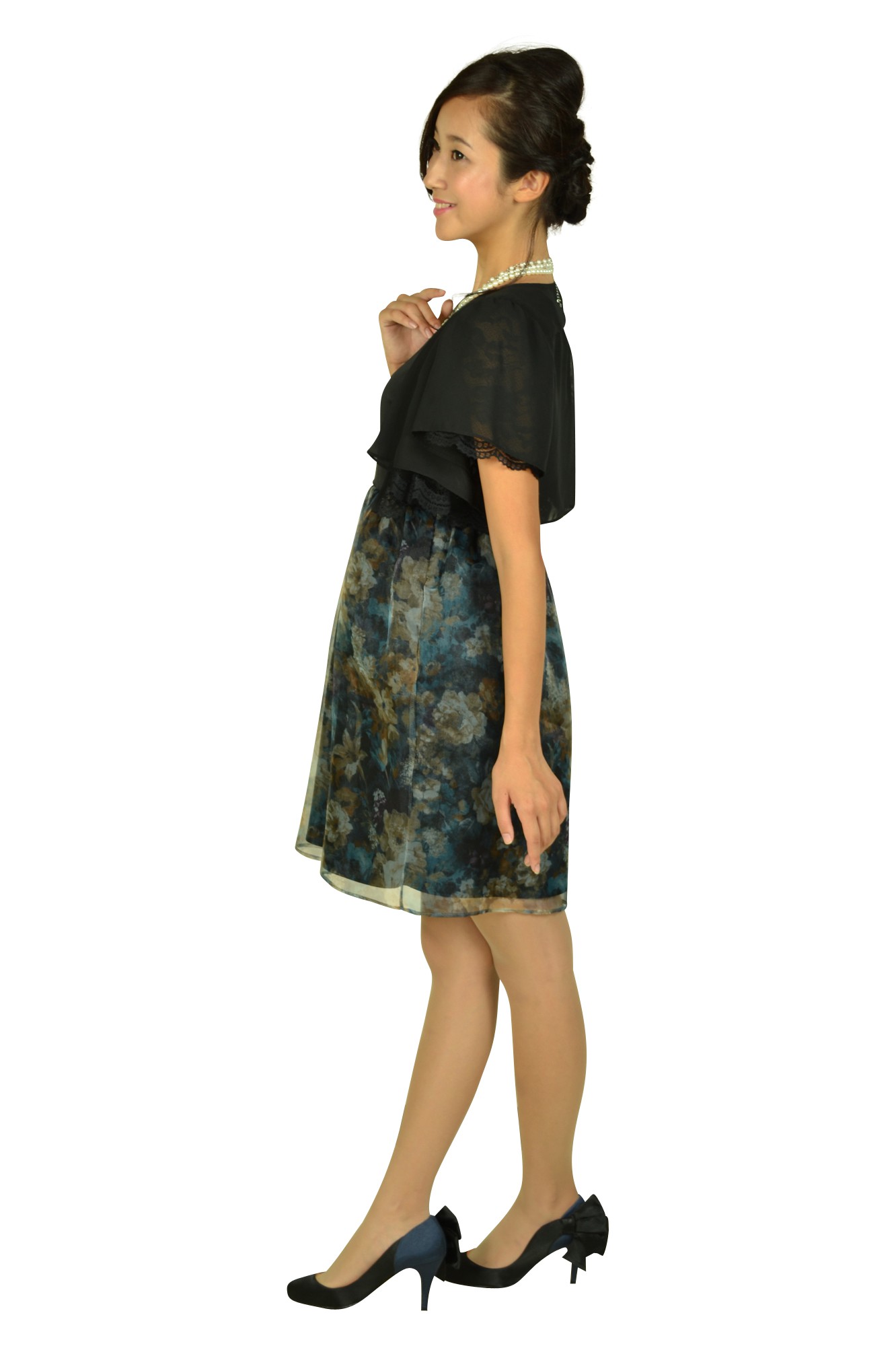 フラワープリントブラックドレスセット