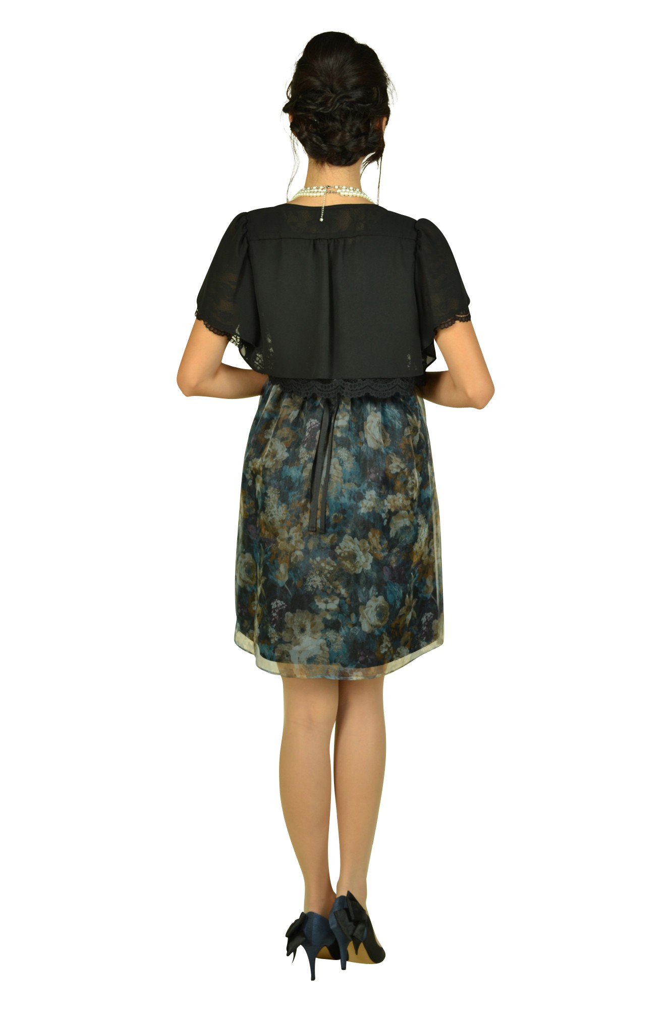 フラワープリントブラックドレスセット