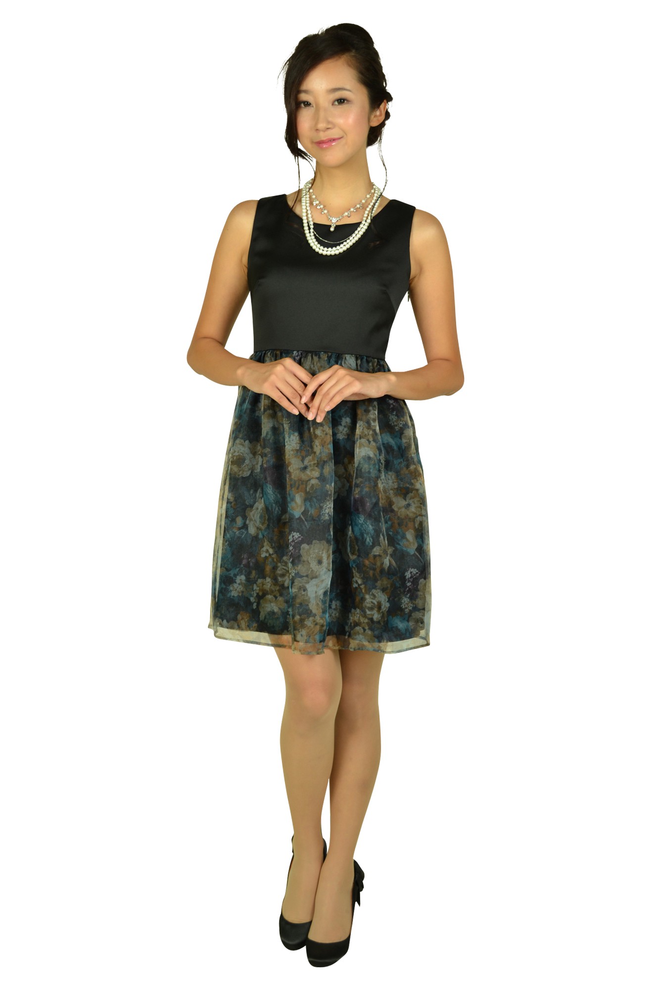 フラワープリントブラックドレスセット