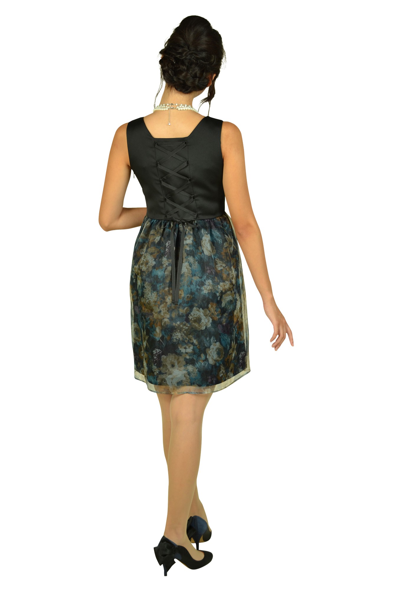 フラワープリントブラックドレスセット