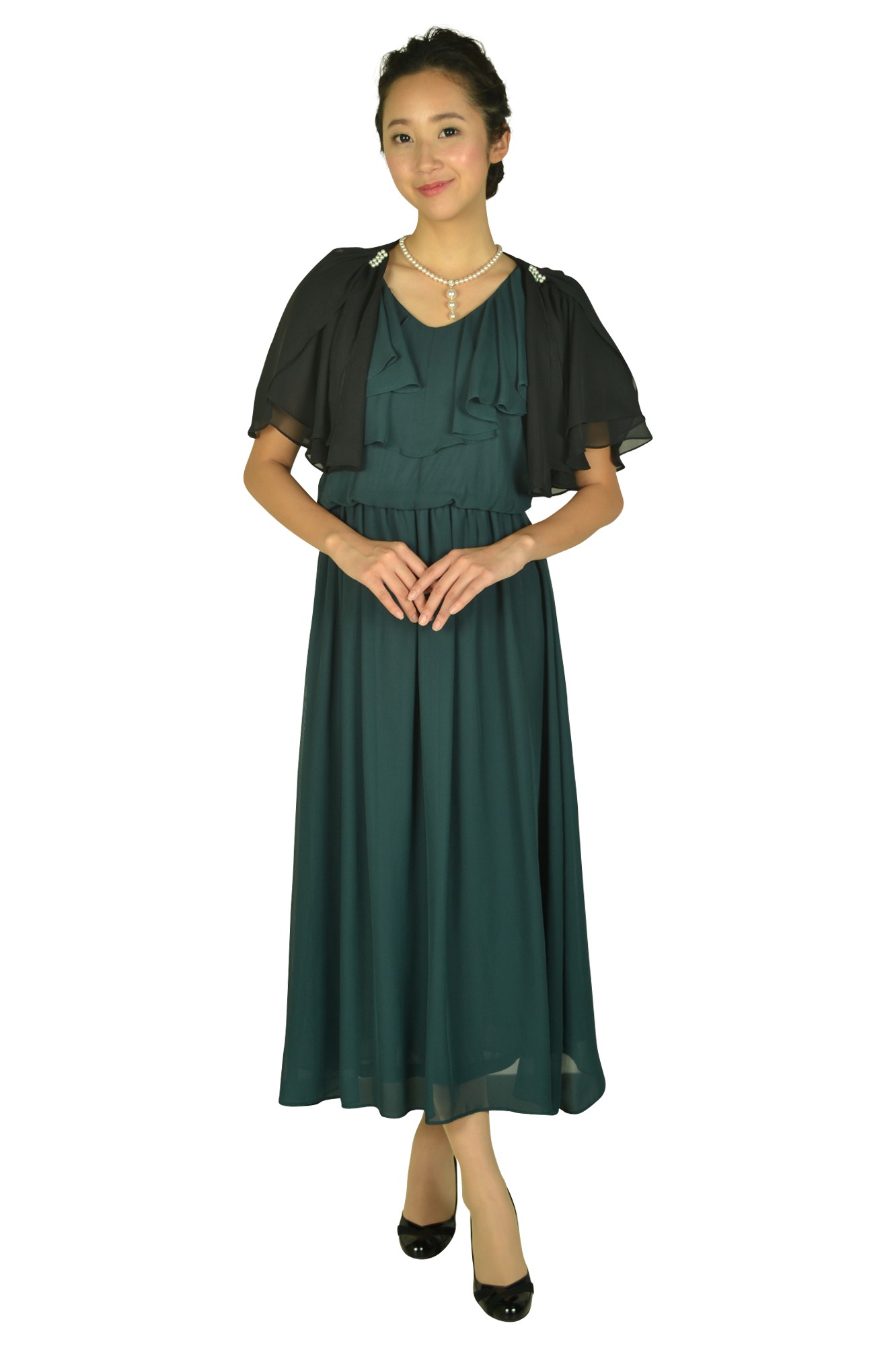 ウィルフリー、モスグリーン パーティードレス シアー素材 ウィルフリー、モスグリーン パーティードレス シアー素材 ウィル