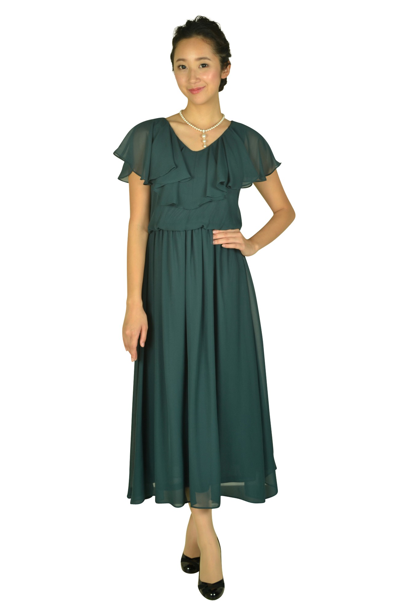 VIWOMINA モスグリーンシフォンミディドレスセット (LL) をレンタル