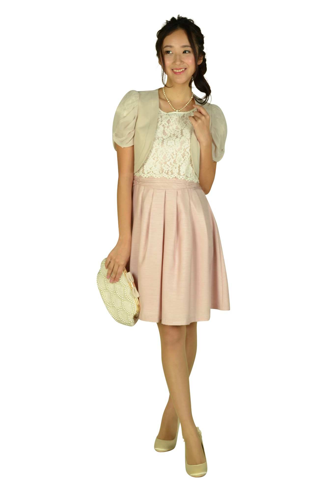 オーバーレースピンク×アイボリードレスセット