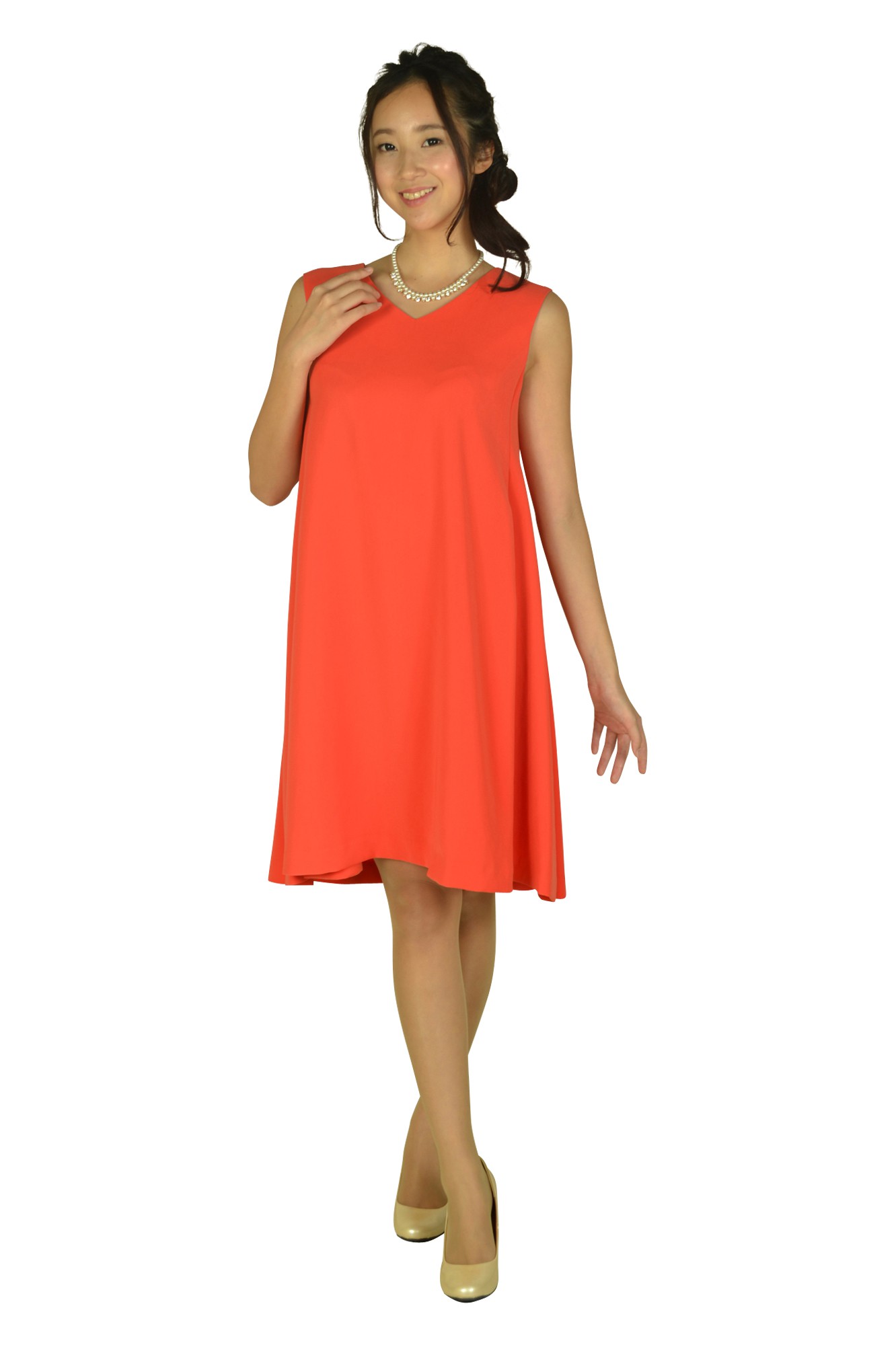VネックAラインオレンジドレスセット