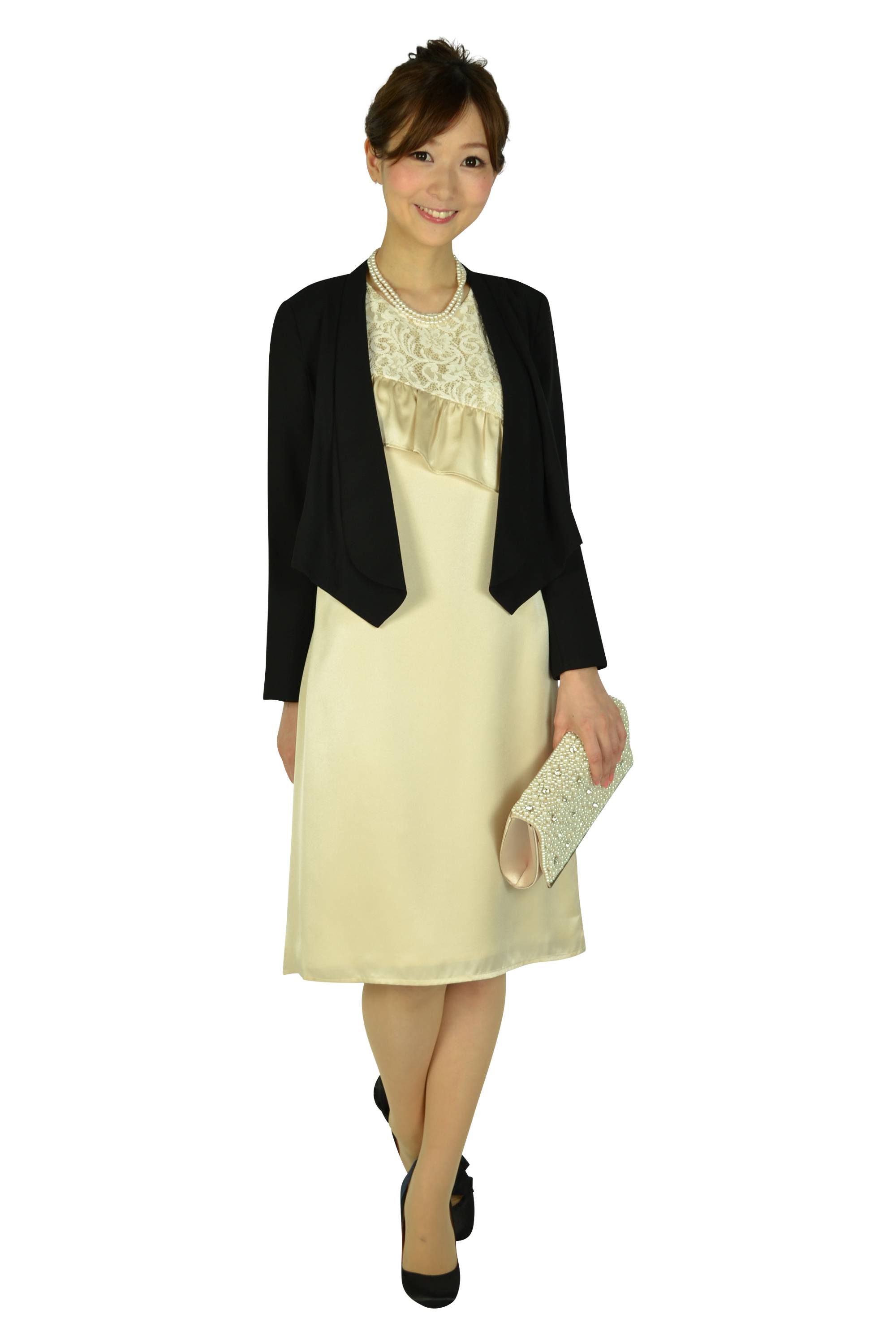 レース&フリルトップベージュドレスセット