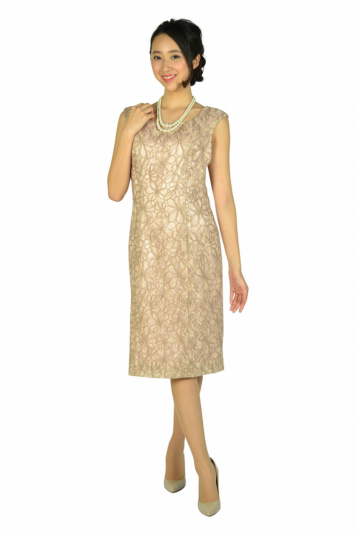 光沢糸レースピンクベージュドレスセット