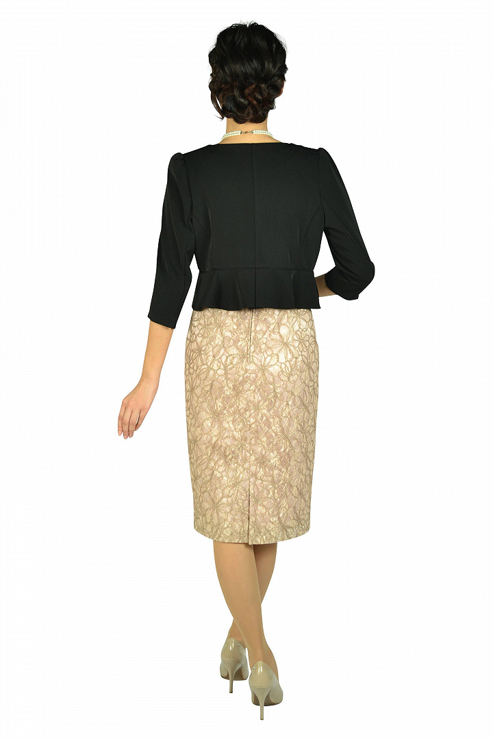 光沢糸レースピンクベージュドレスセット