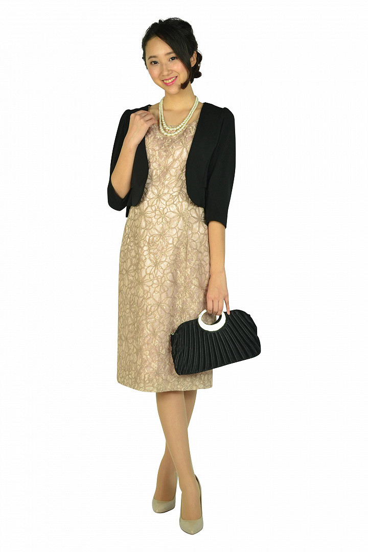 光沢糸レースピンクベージュドレスセット