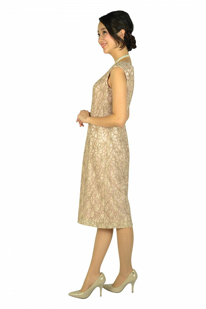 光沢糸レースピンクベージュドレス