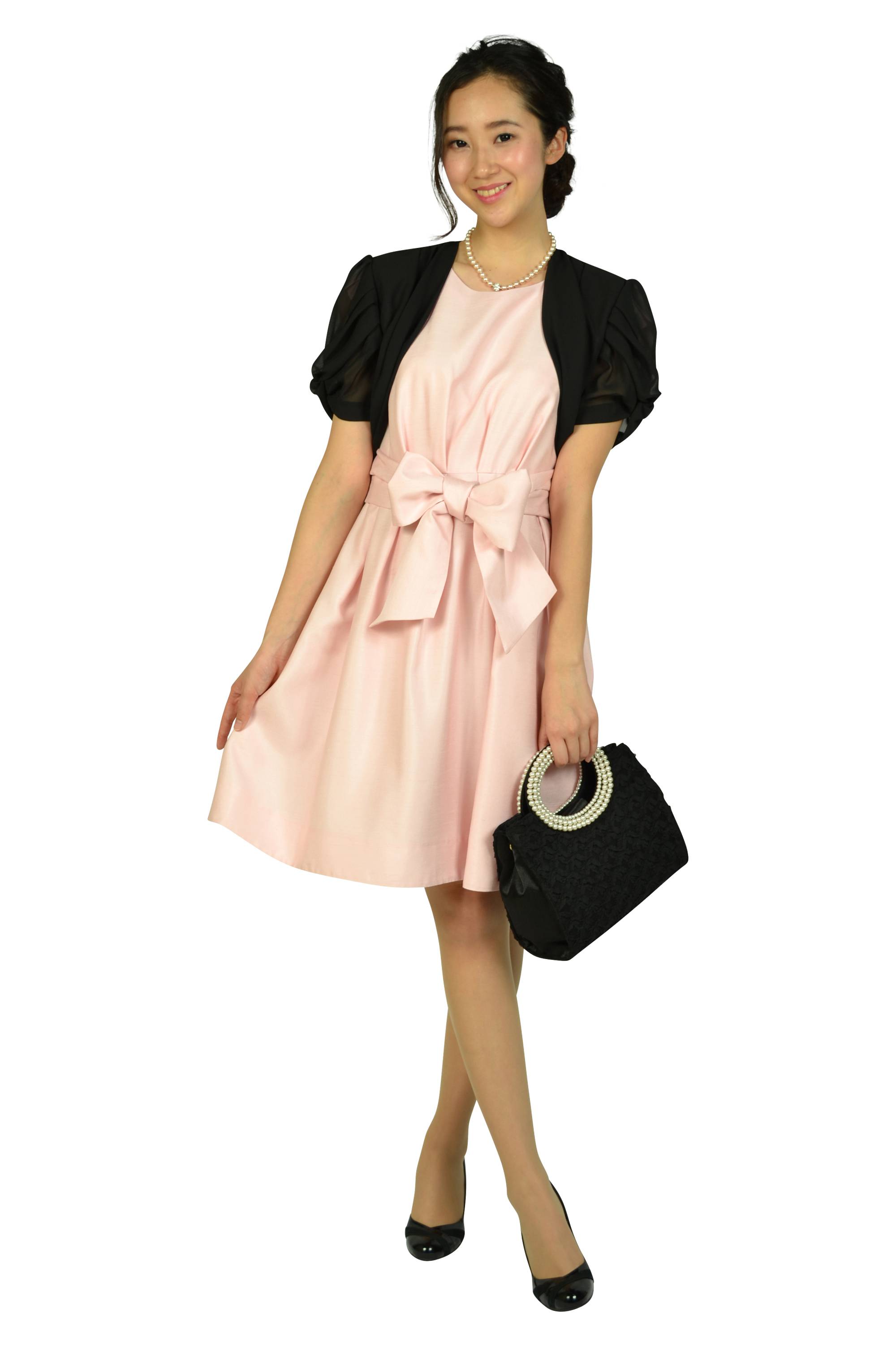 ペタルスリーブウエストリボンピンクドレスセット