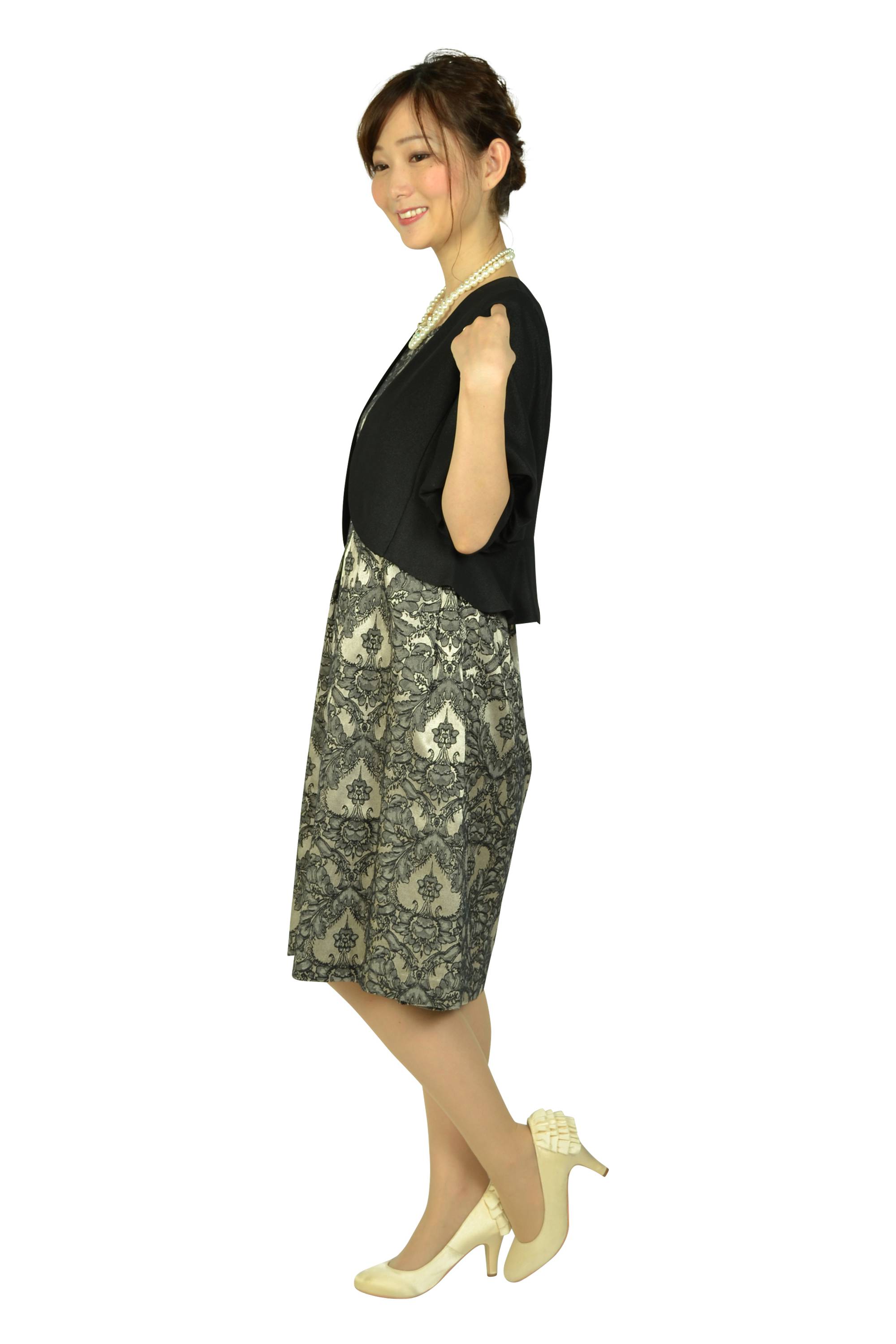 光沢ダマスク柄ベージュ&times;ブラックドレスセット