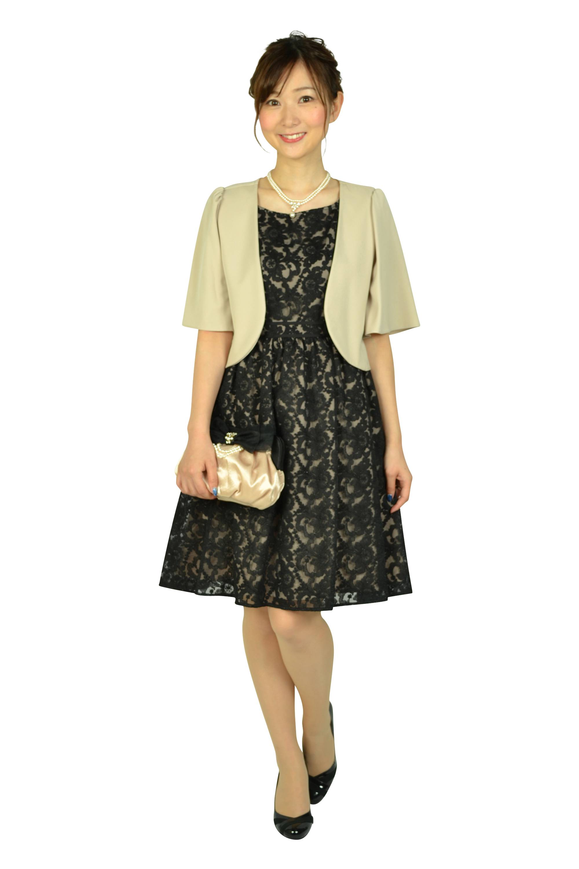 3Dリボンパールビジュシャンパン×ブラックバッグ