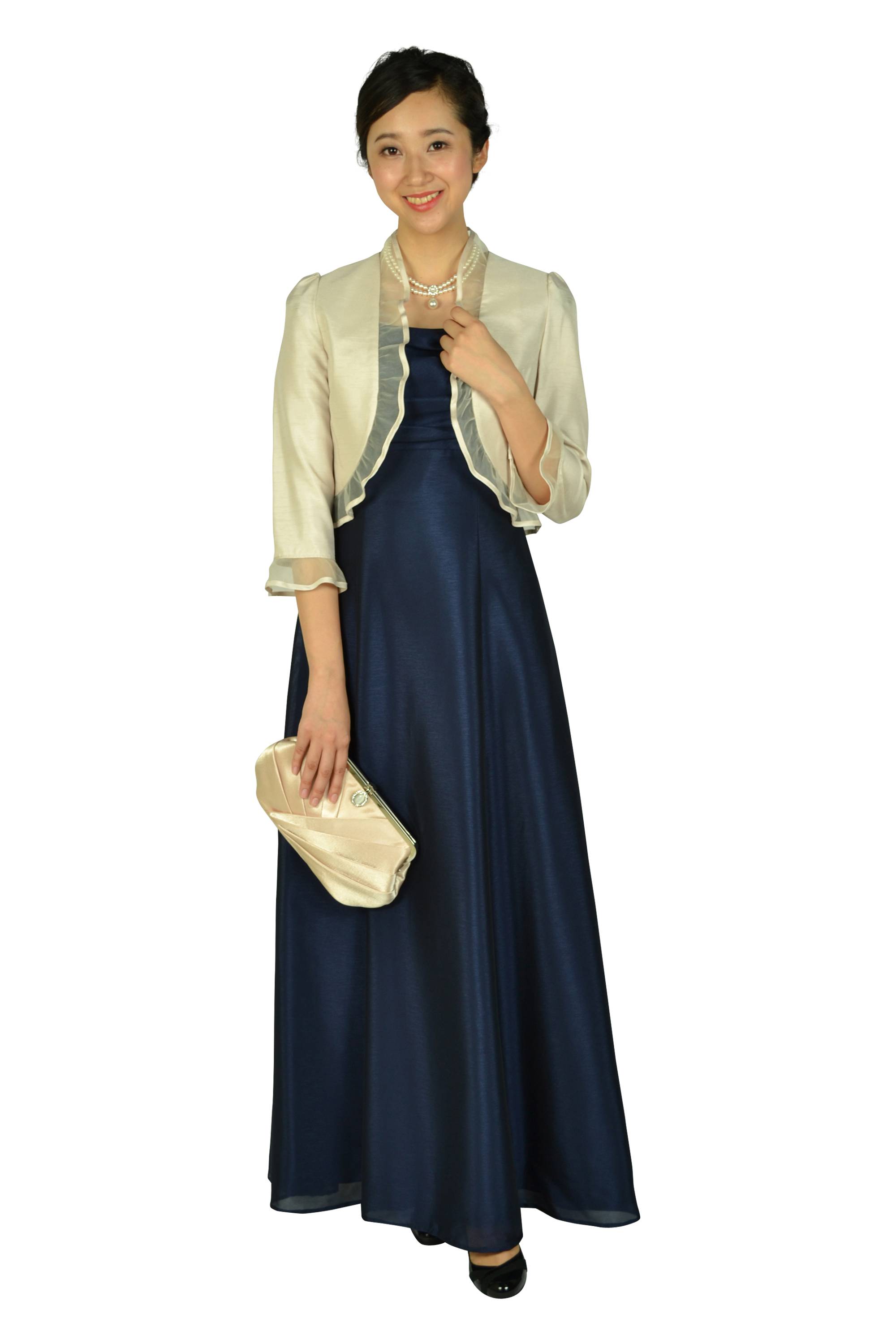 上品シャンタン編み上げネイビーロングドレスセット