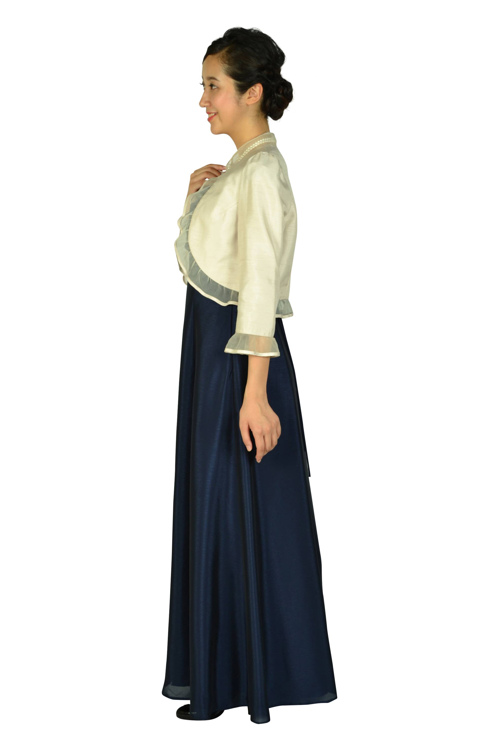 上品シャンタン編み上げネイビーロングドレスセット