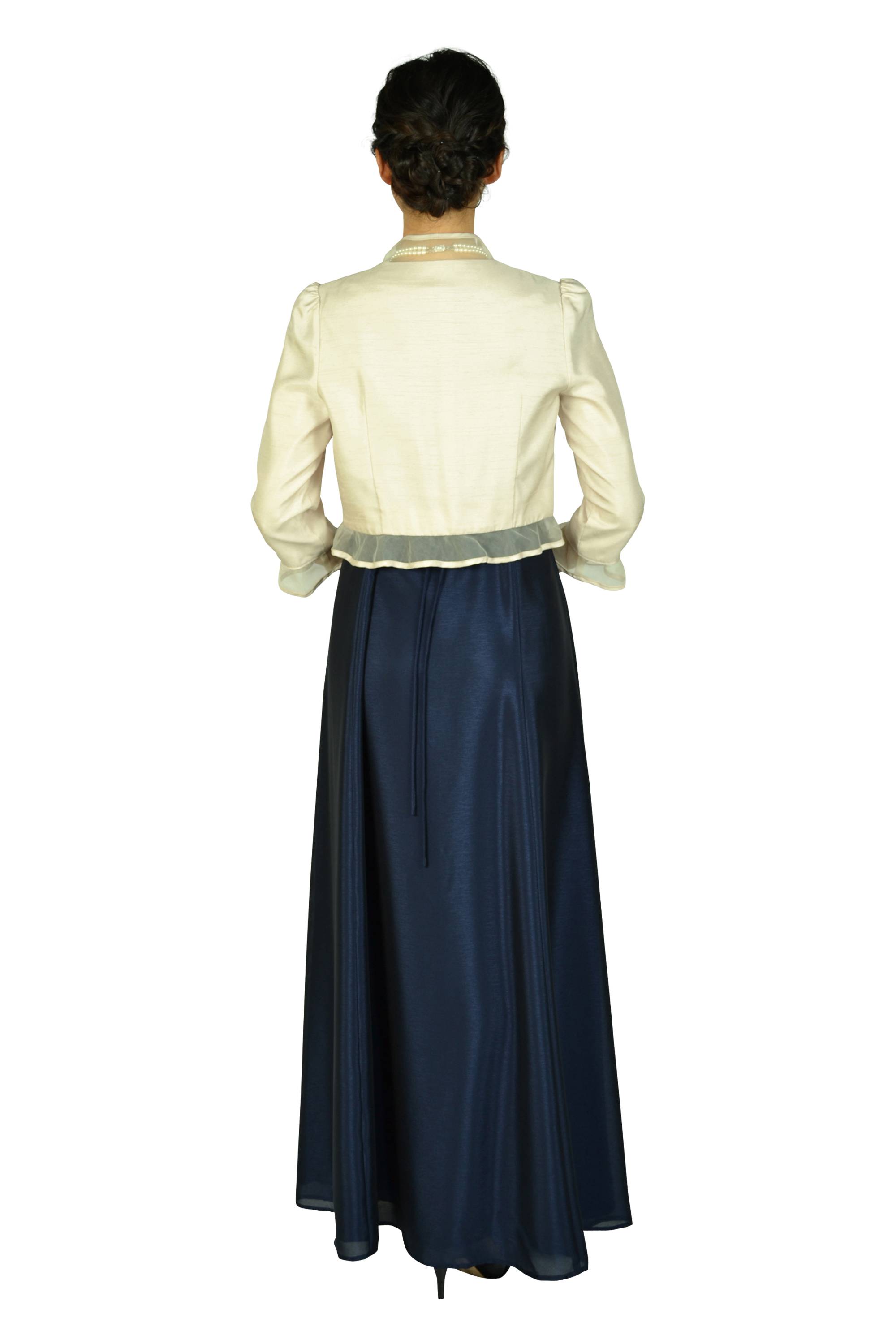 上品シャンタン編み上げネイビーロングドレスセット