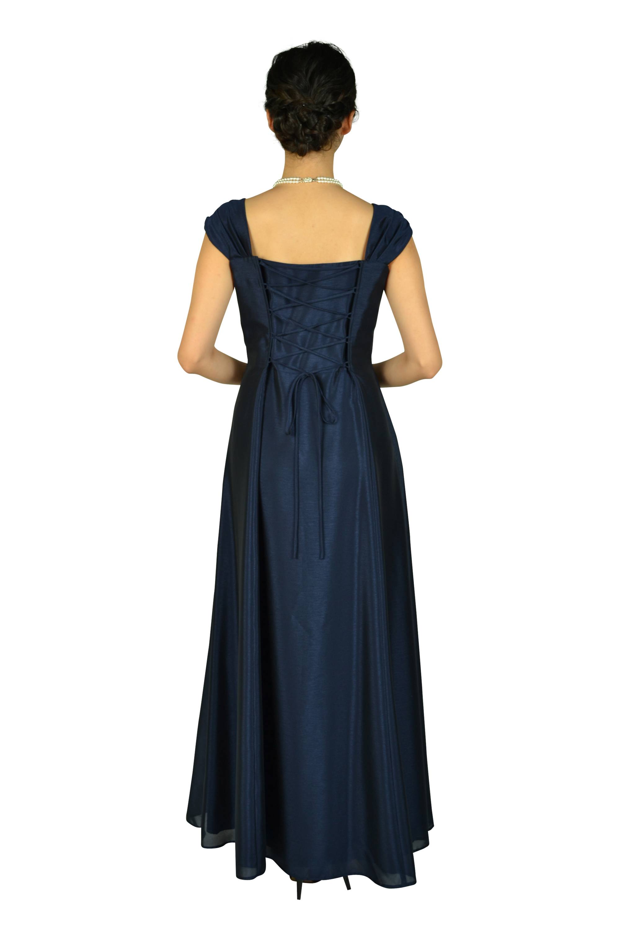 上品シャンタン編み上げネイビーロングドレスセット