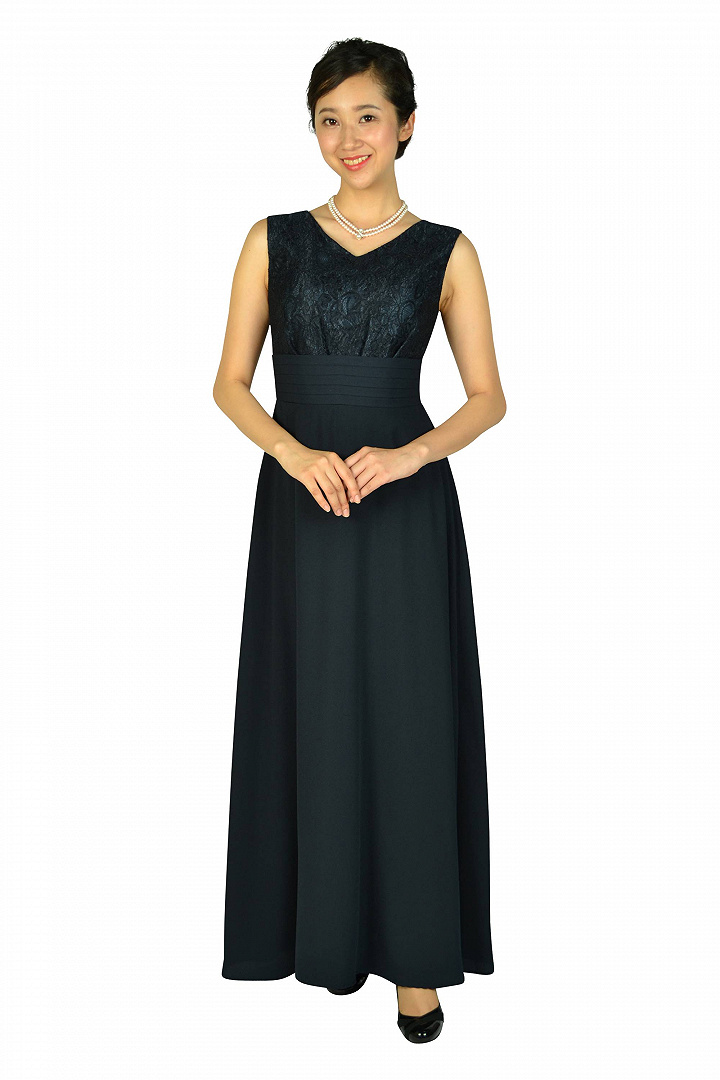 レース×ジョーゼットネイビーロングドレスセット