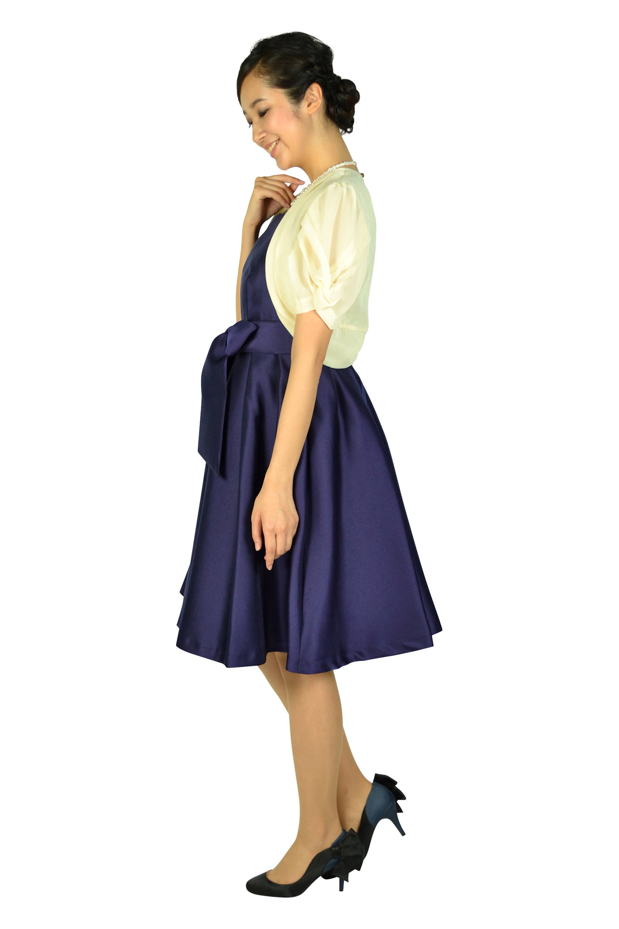 ショルダードット編み上げネイビードレスセット