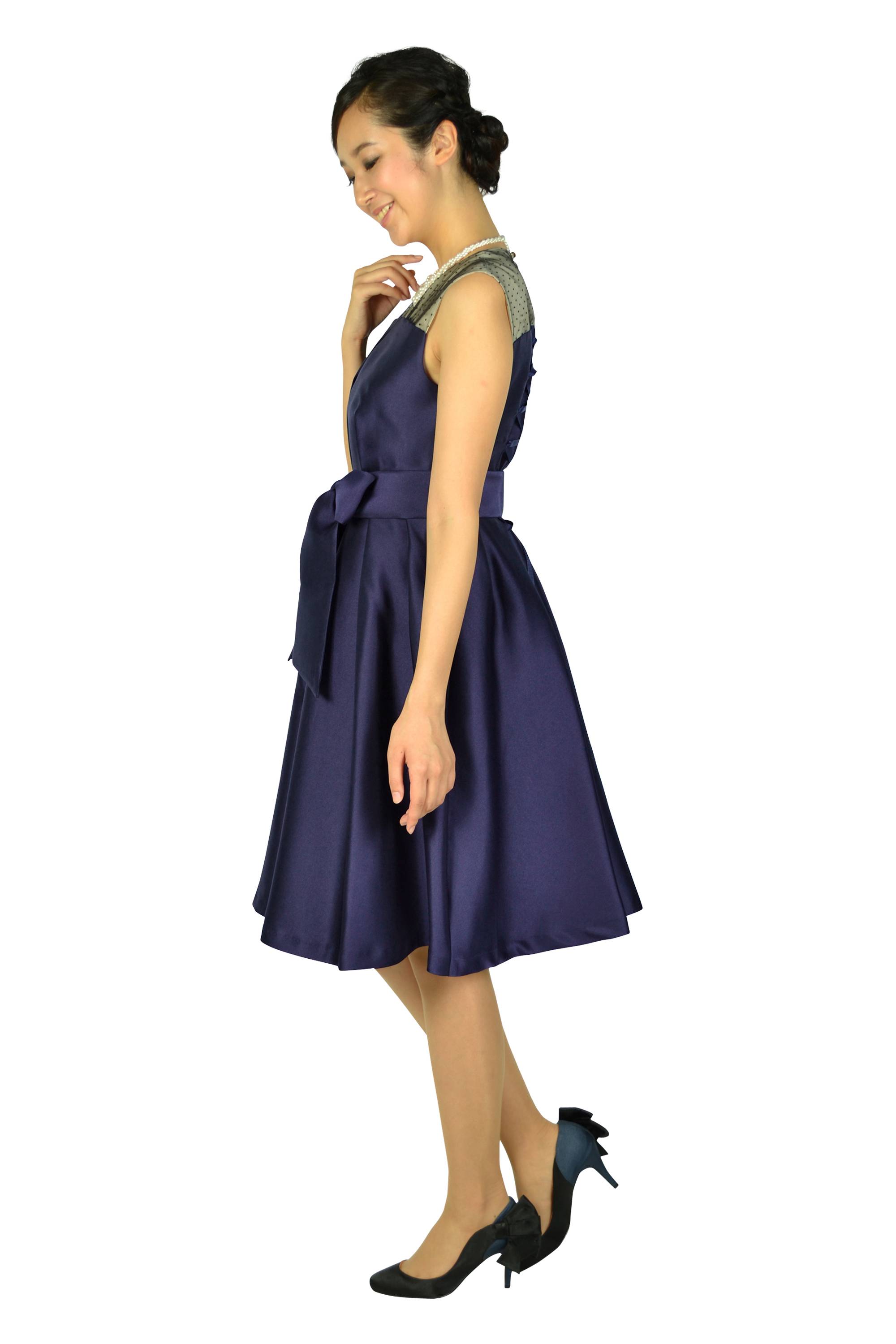 ショルダードット編み上げネイビードレス
