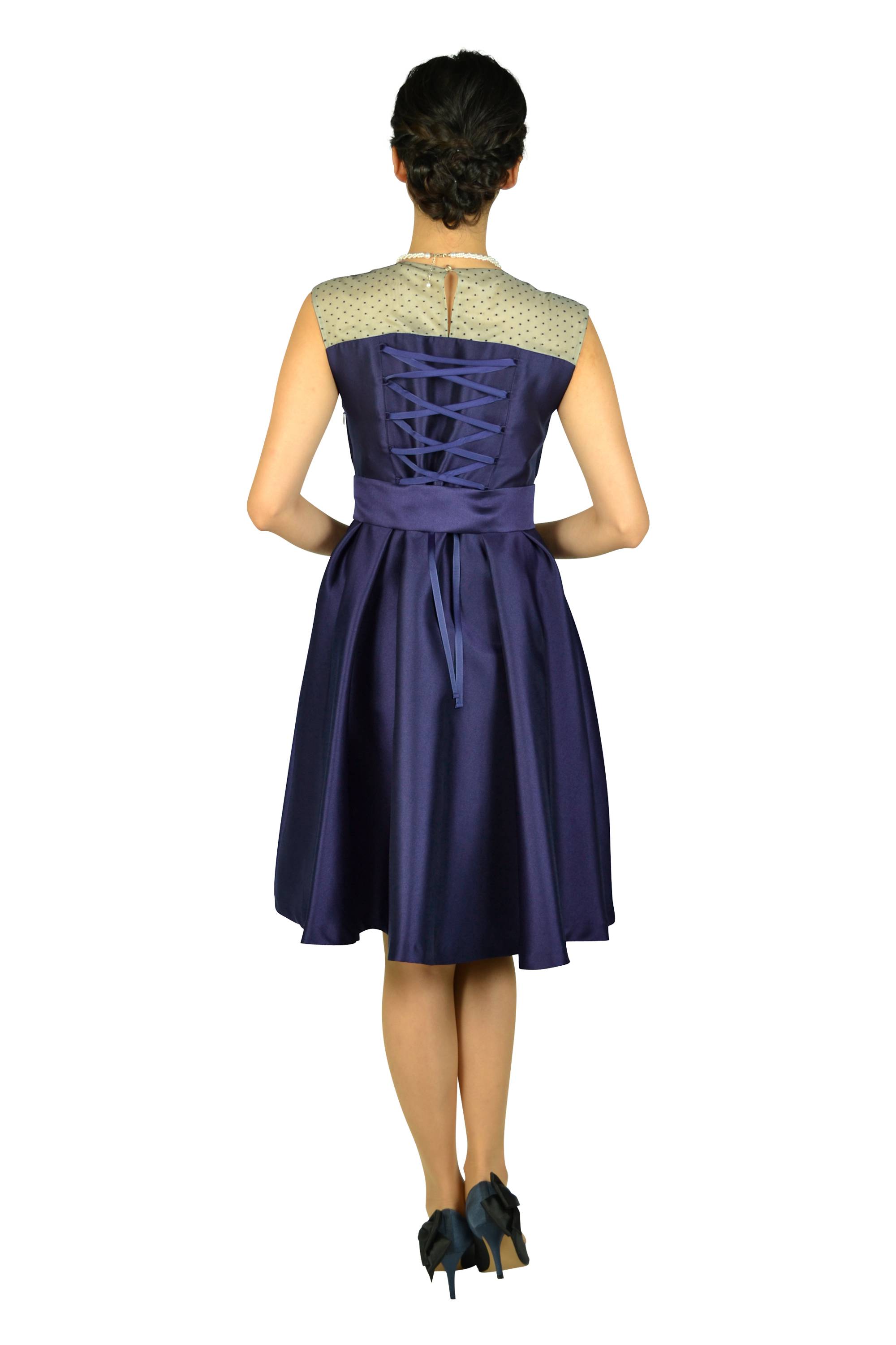 ショルダードット編み上げネイビードレスセット