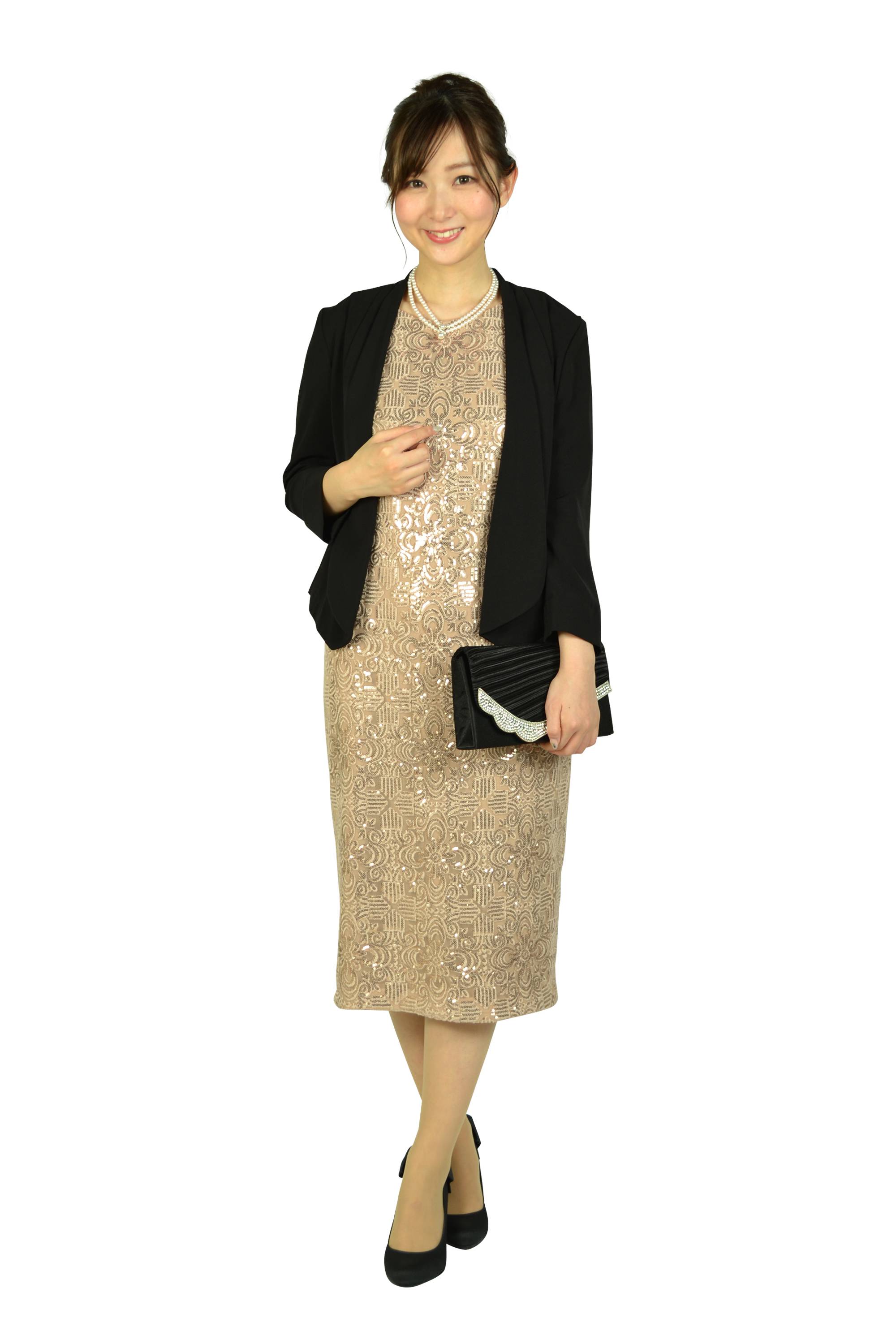 LAUREN RALPH LAUREN スパンコールピンクベージュドレスセット (S〜M