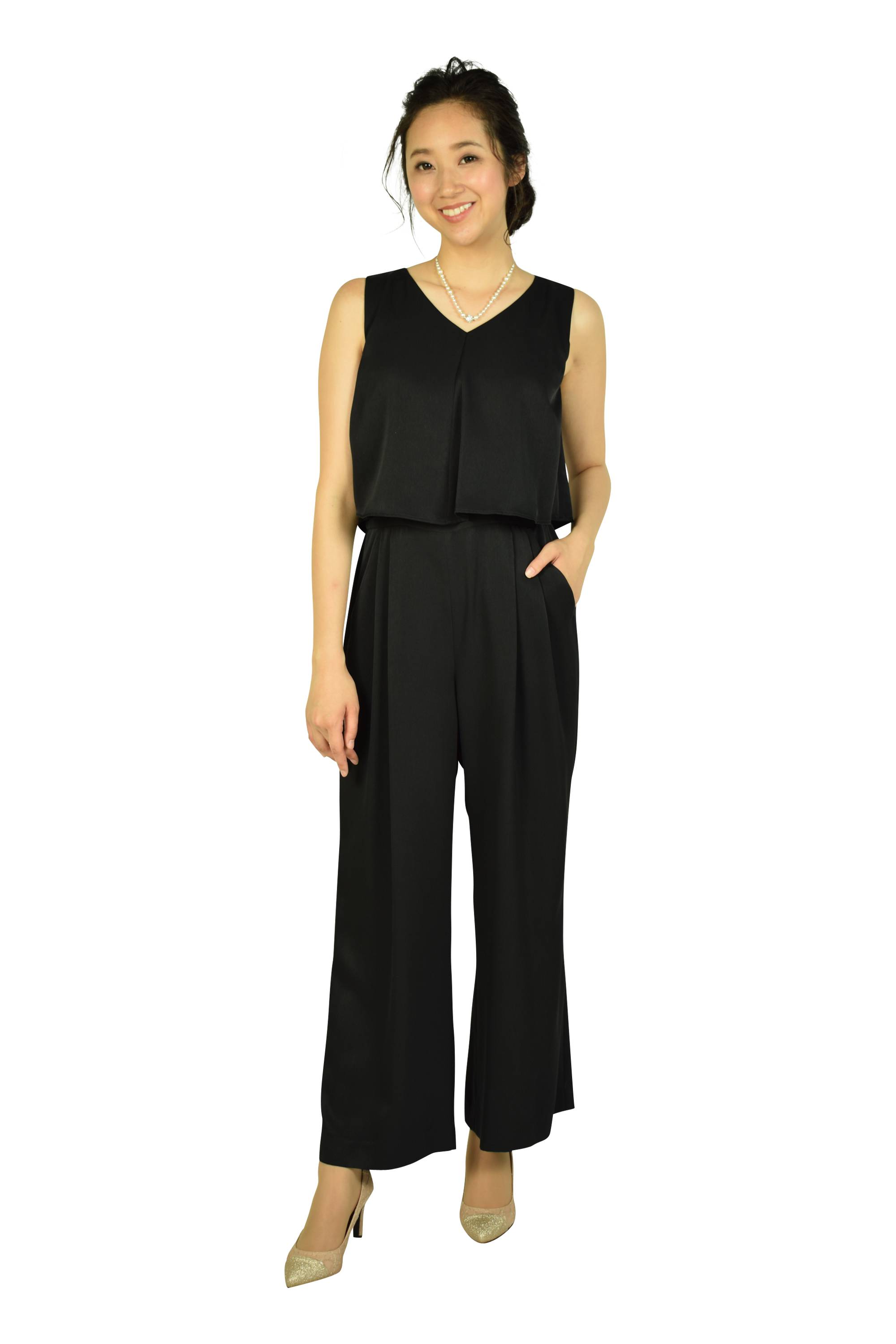 Vネックブラックオールインワンドレスセット