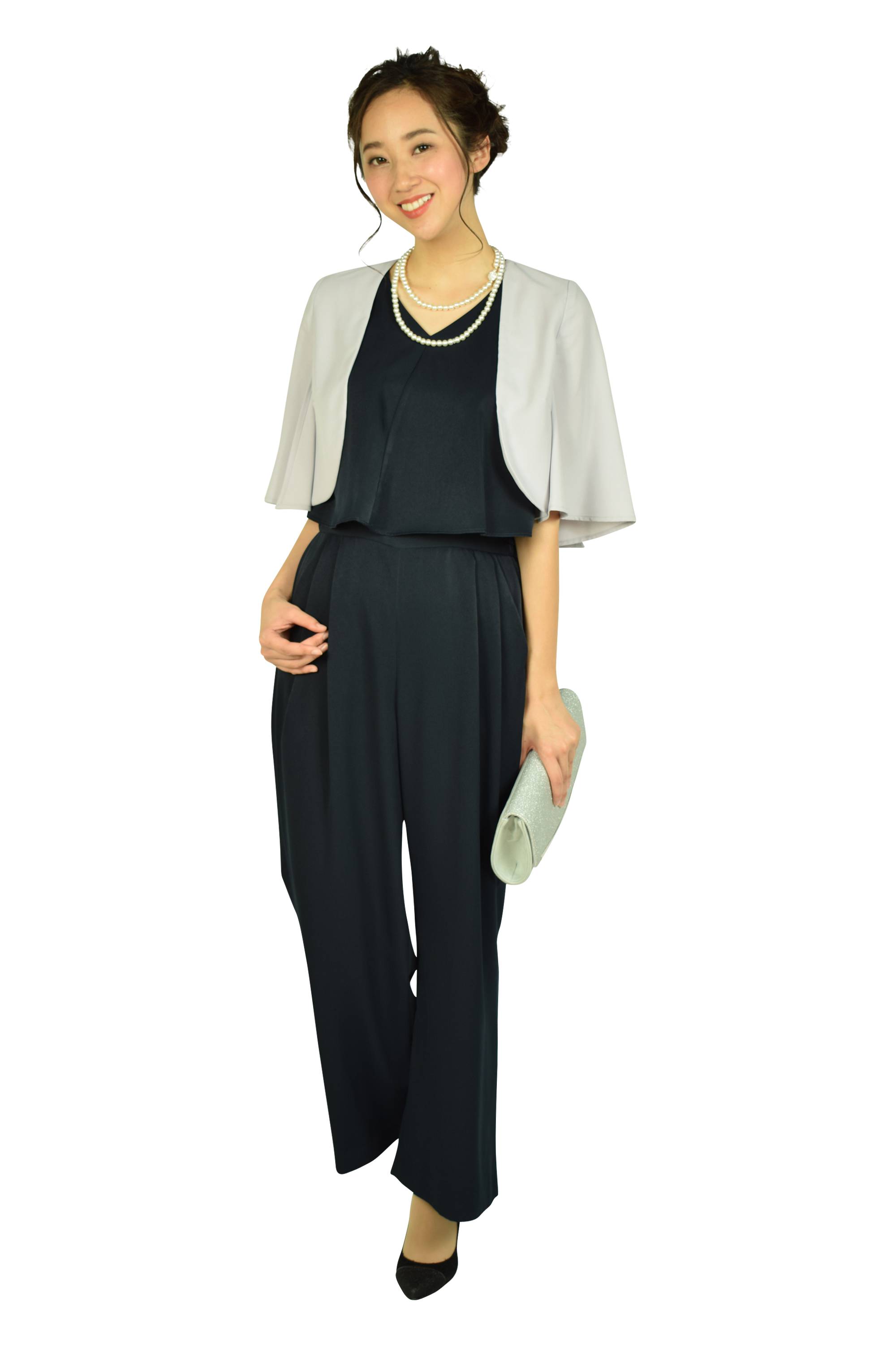 Vネックネイビーオールインワンドレスセット