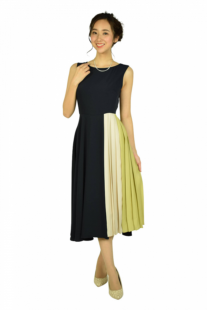 アクセントプリーツネイビードレスセット