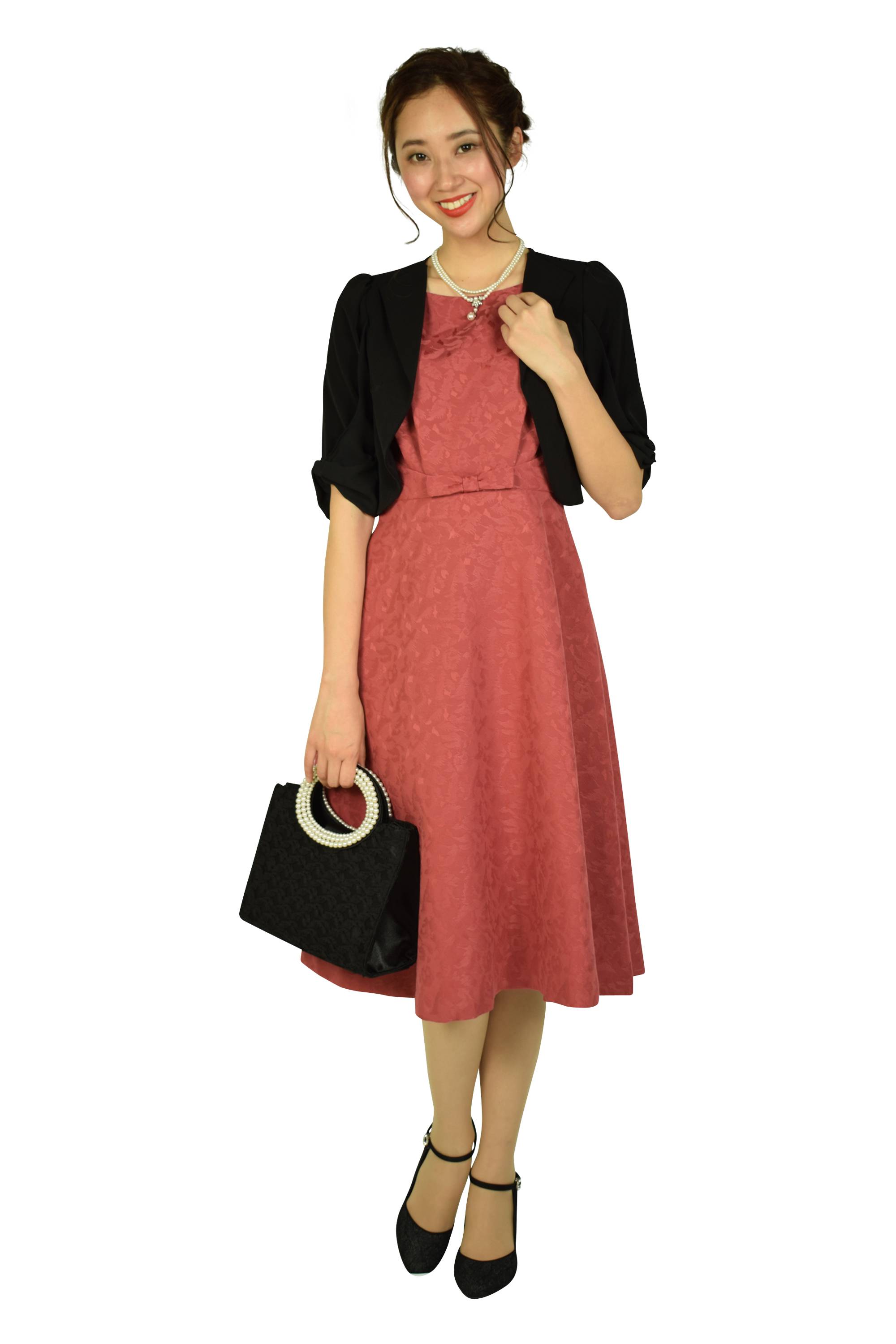 フェミニンジャガードピンクサーモンドレスセット