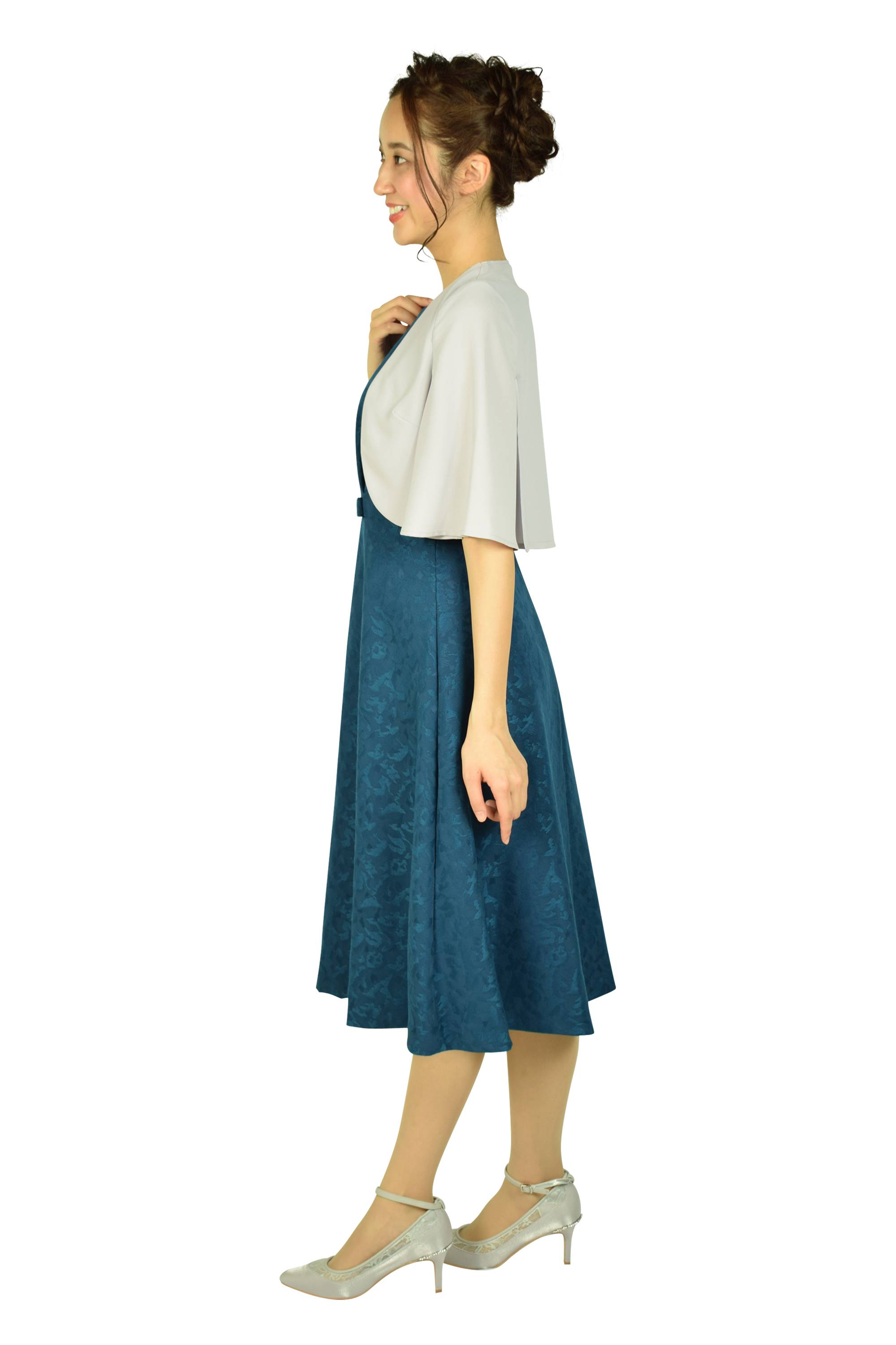 フェミニンジャガードブルーグリーンドレスセット