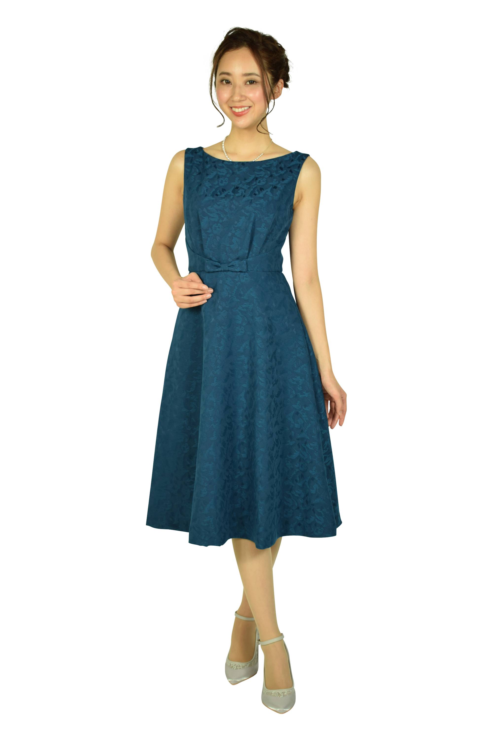 フェミニンジャガードブルーグリーンドレスセット
