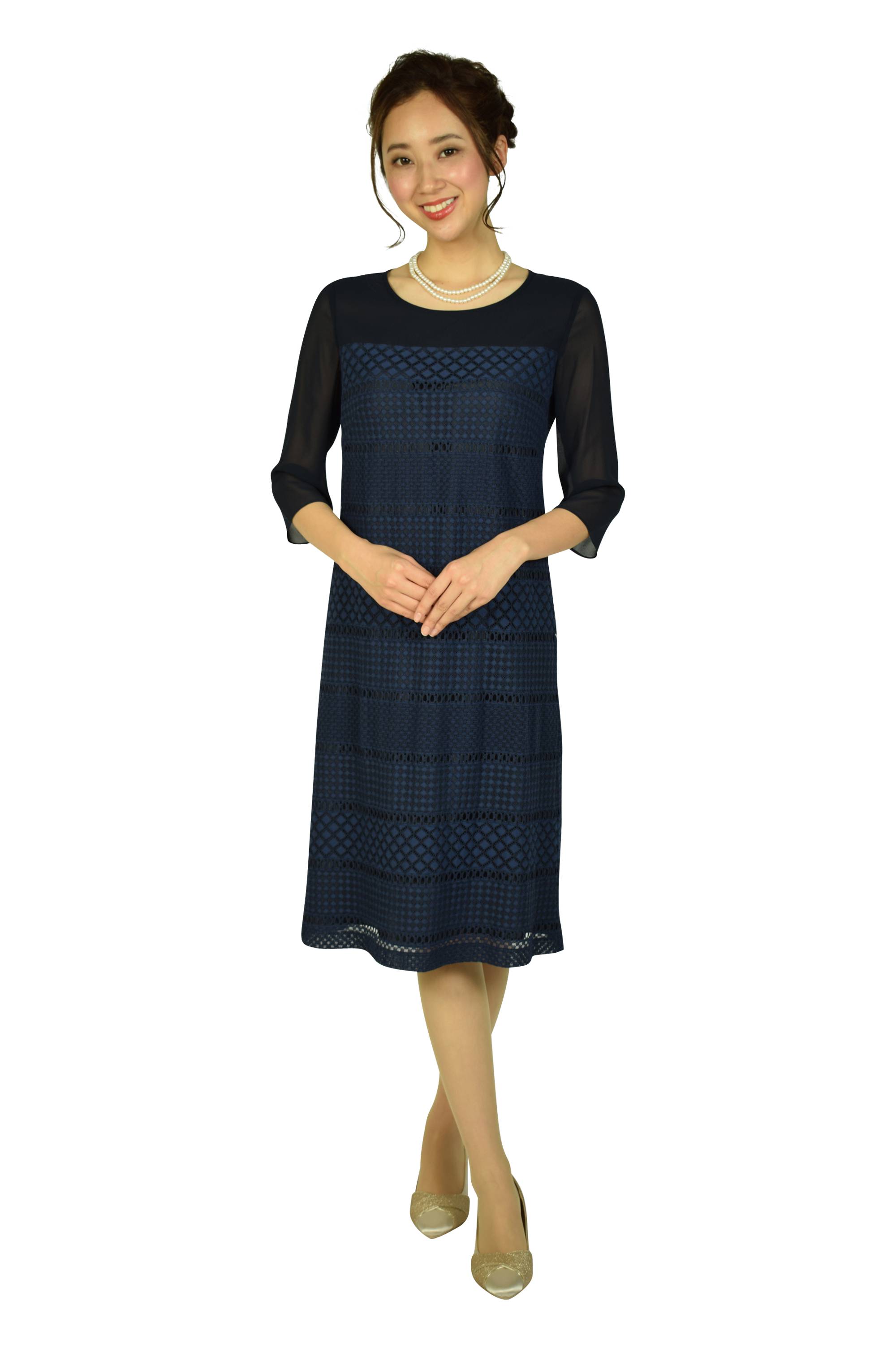 RIFANNE 東京ソワール 幾何学柄レースネイビーワンピーススーツ