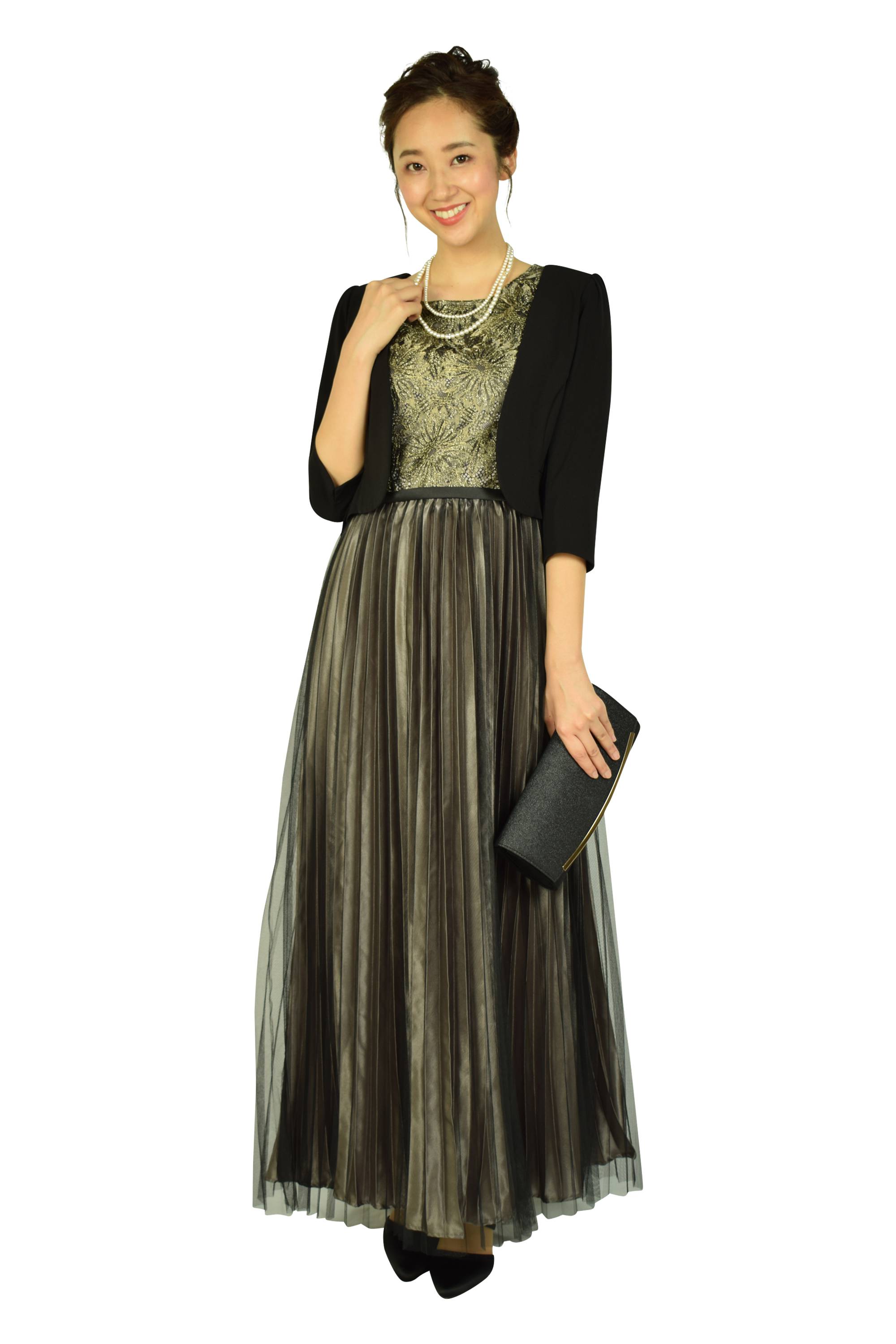 プリーツブラック×ゴールドロングドレスセット