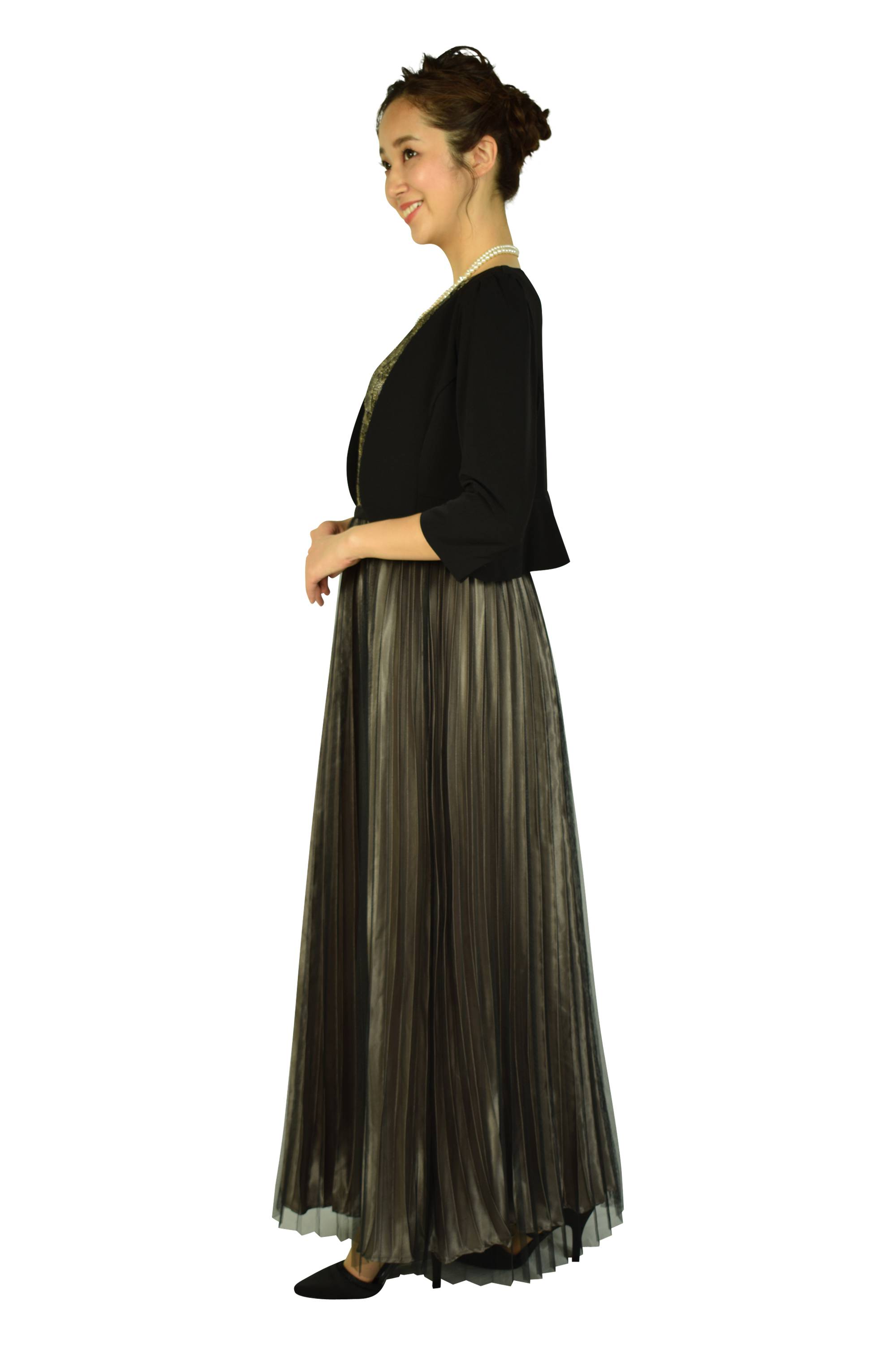 プリーツブラック×ゴールドロングドレスセット