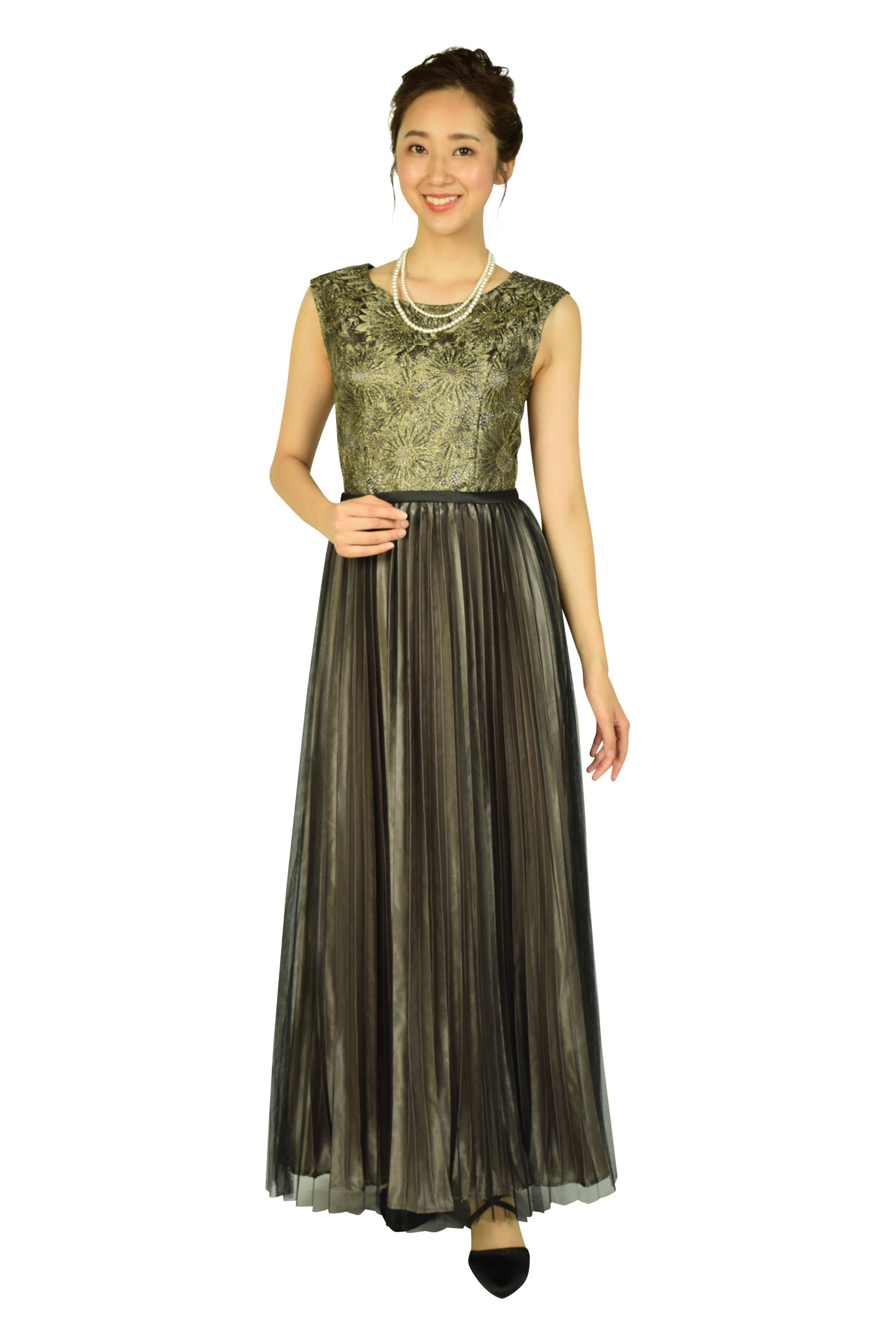 プリーツブラック×ゴールドロングドレスセット